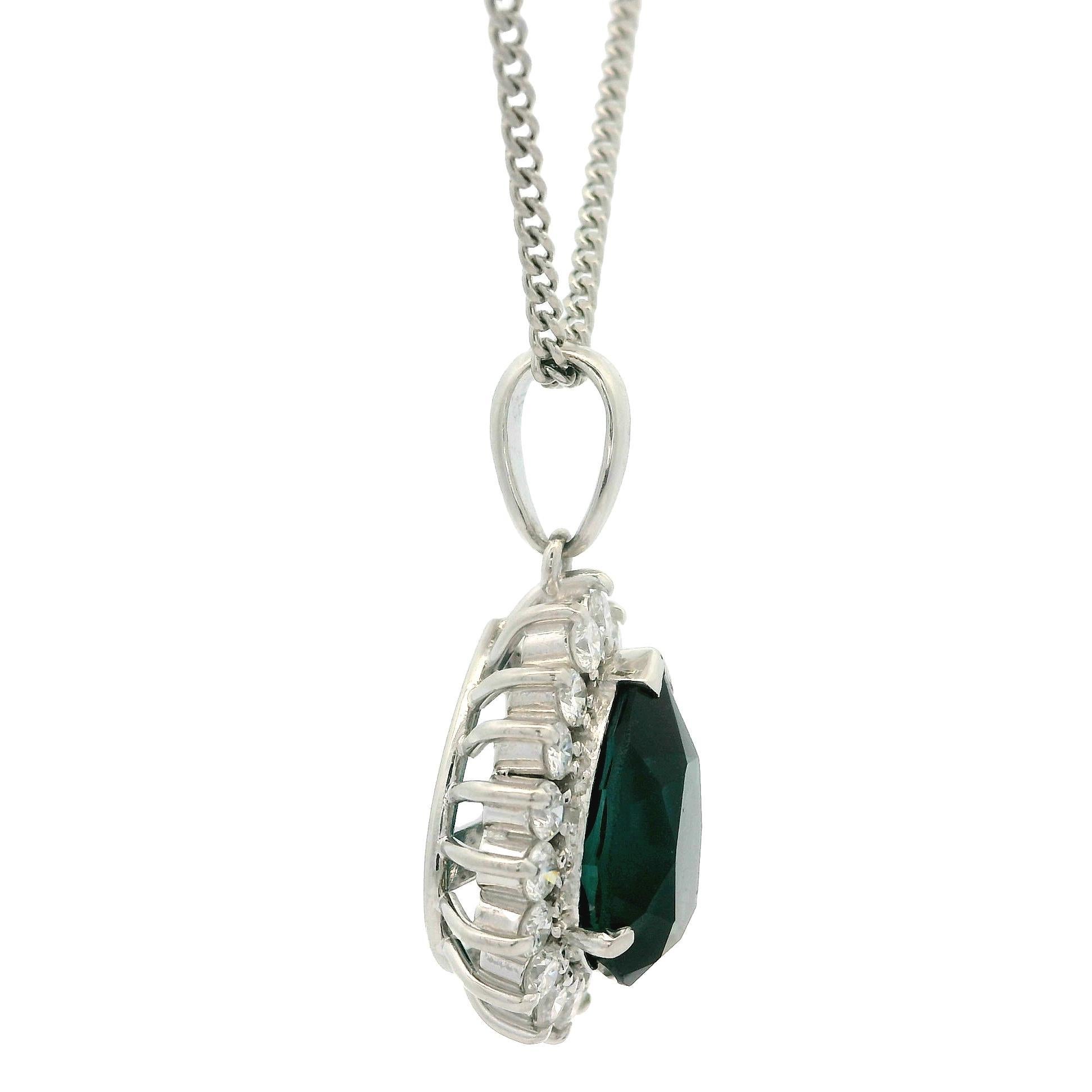 Platinum GIA 3.74ctw Bluish Green Pear Tourmaline Diamond Halo Pendant Necklace For Sale 4