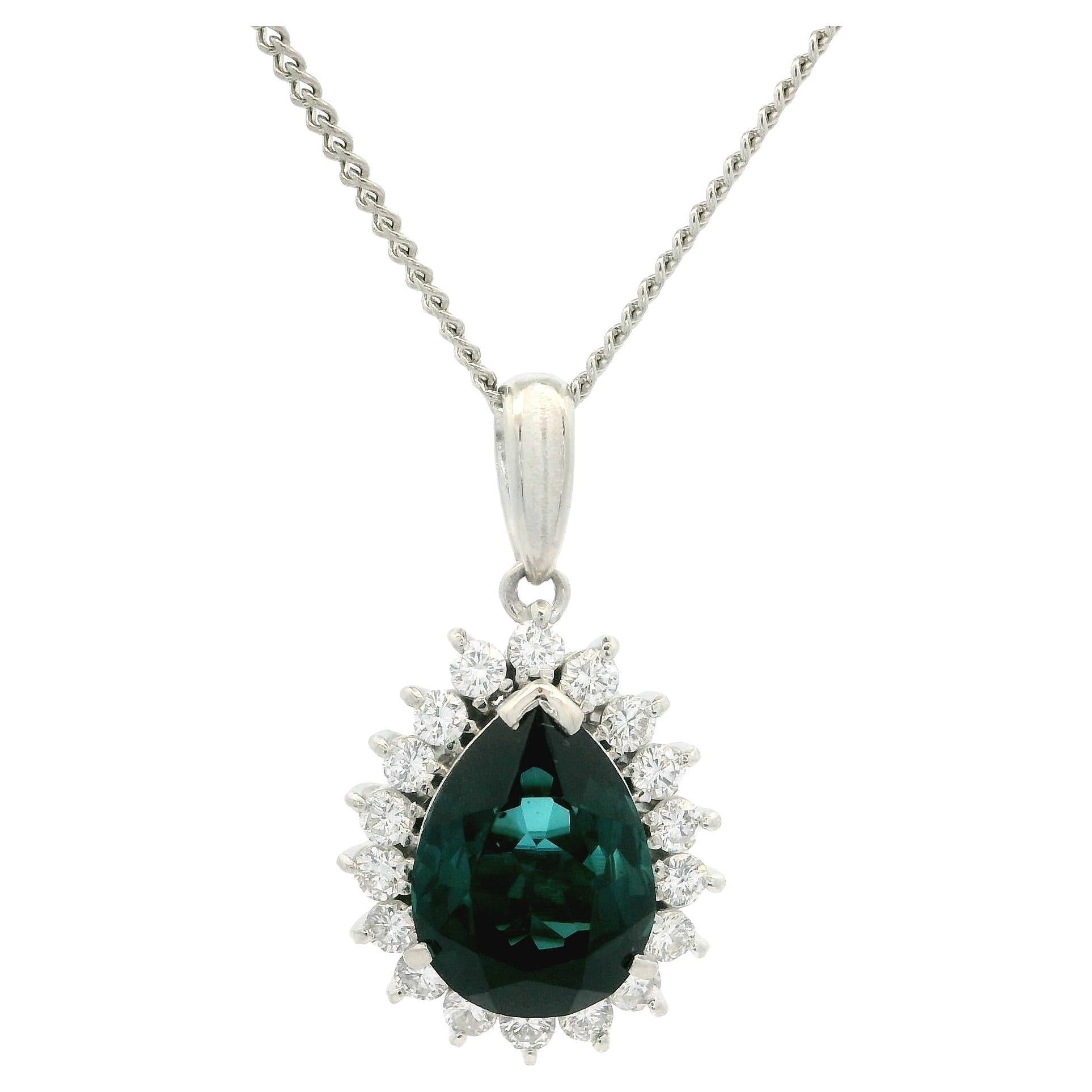 Platinum GIA 3.74ctw Bluish Green Pear Tourmaline Diamond Halo Pendant Necklace For Sale