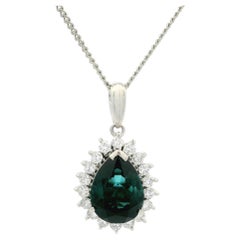 Platinum GIA 3.74ctw Bluish Green Pear Tourmaline Diamond Halo Pendant Necklace