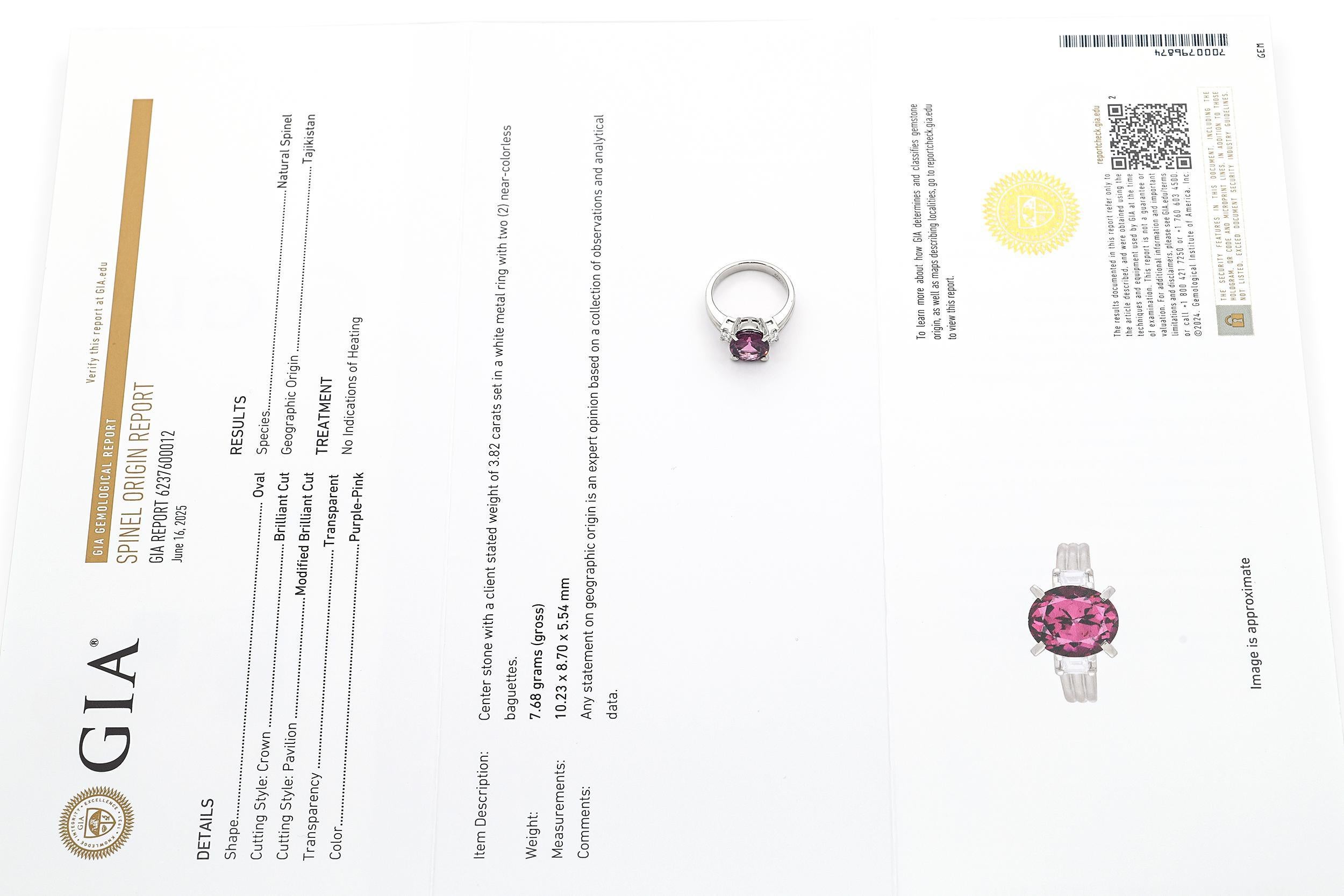 Taglio brillante Anello in platino GIA con spinello rosa-viola del Tagikistan da 3,82 carati senza calore e diamanti in vendita
