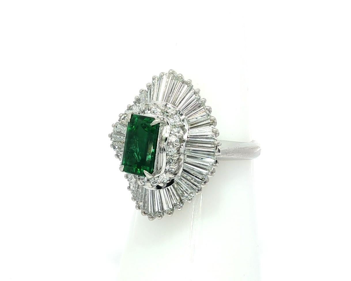 Platinum GIA 3.87ctw Long Top Color No Oil Emerald Diamond Ballerina Ring For Sale