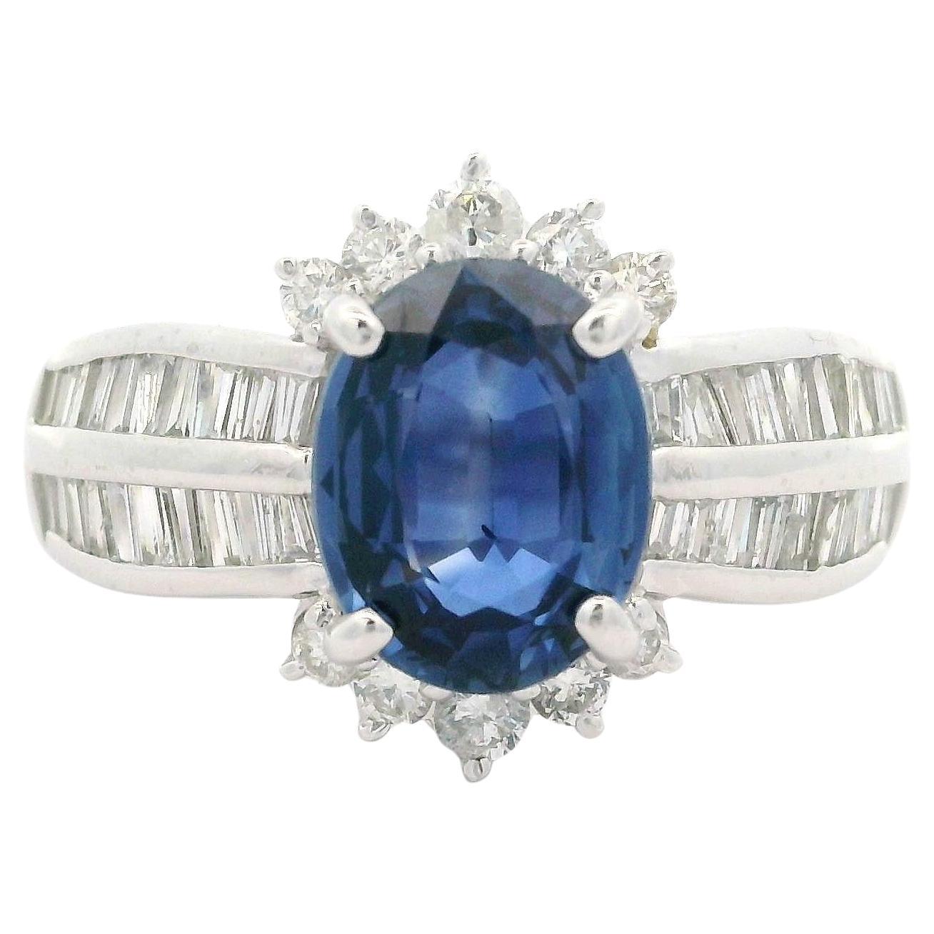 Platinum GIA 3ctw Oval Sapphire w/ Round & Baguette Diamond Floral Cocktail Ring