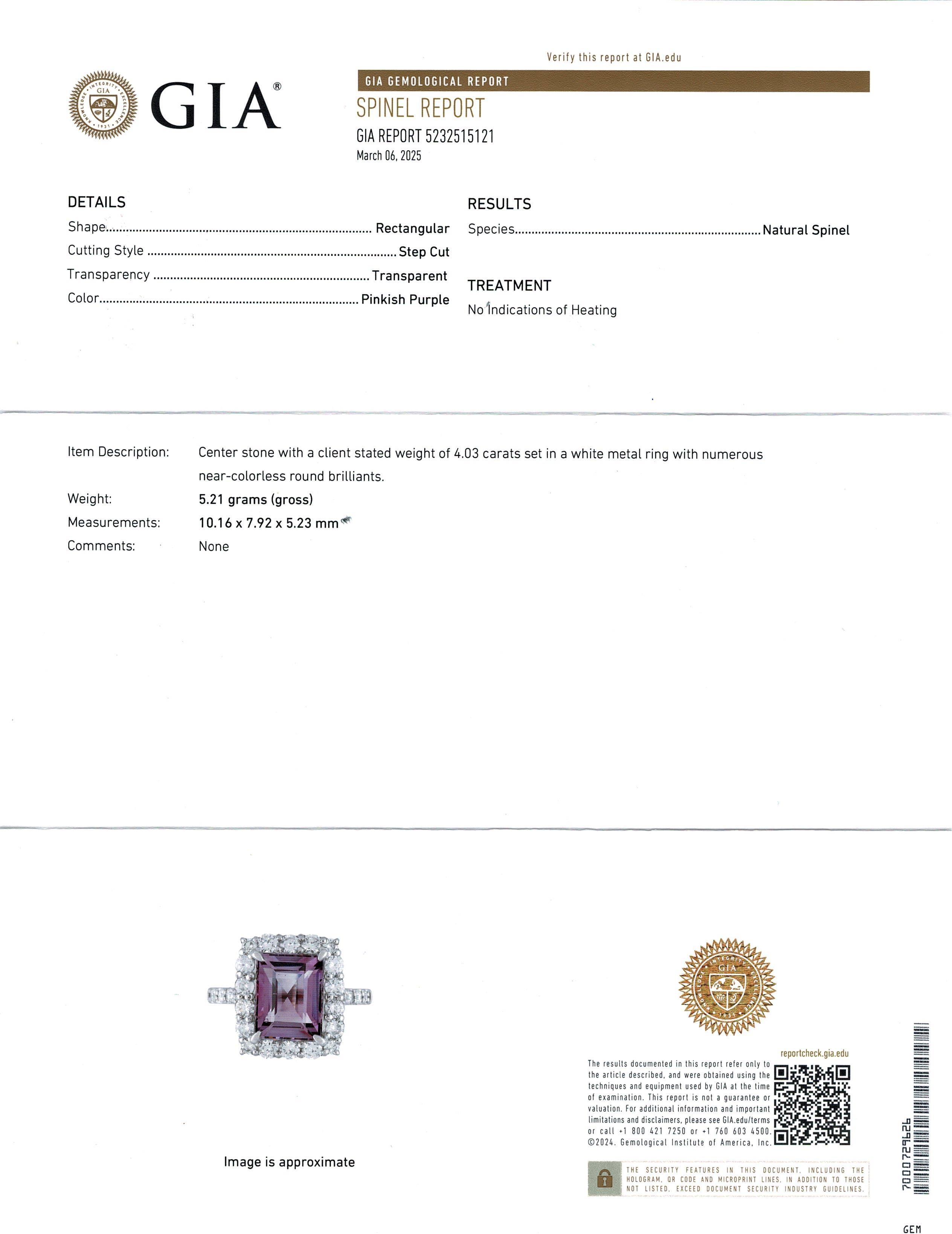 Platin GIA 4,03ct keine Hitze lila Spinell 1,02tcw Diamond Statement Ring im Angebot 2