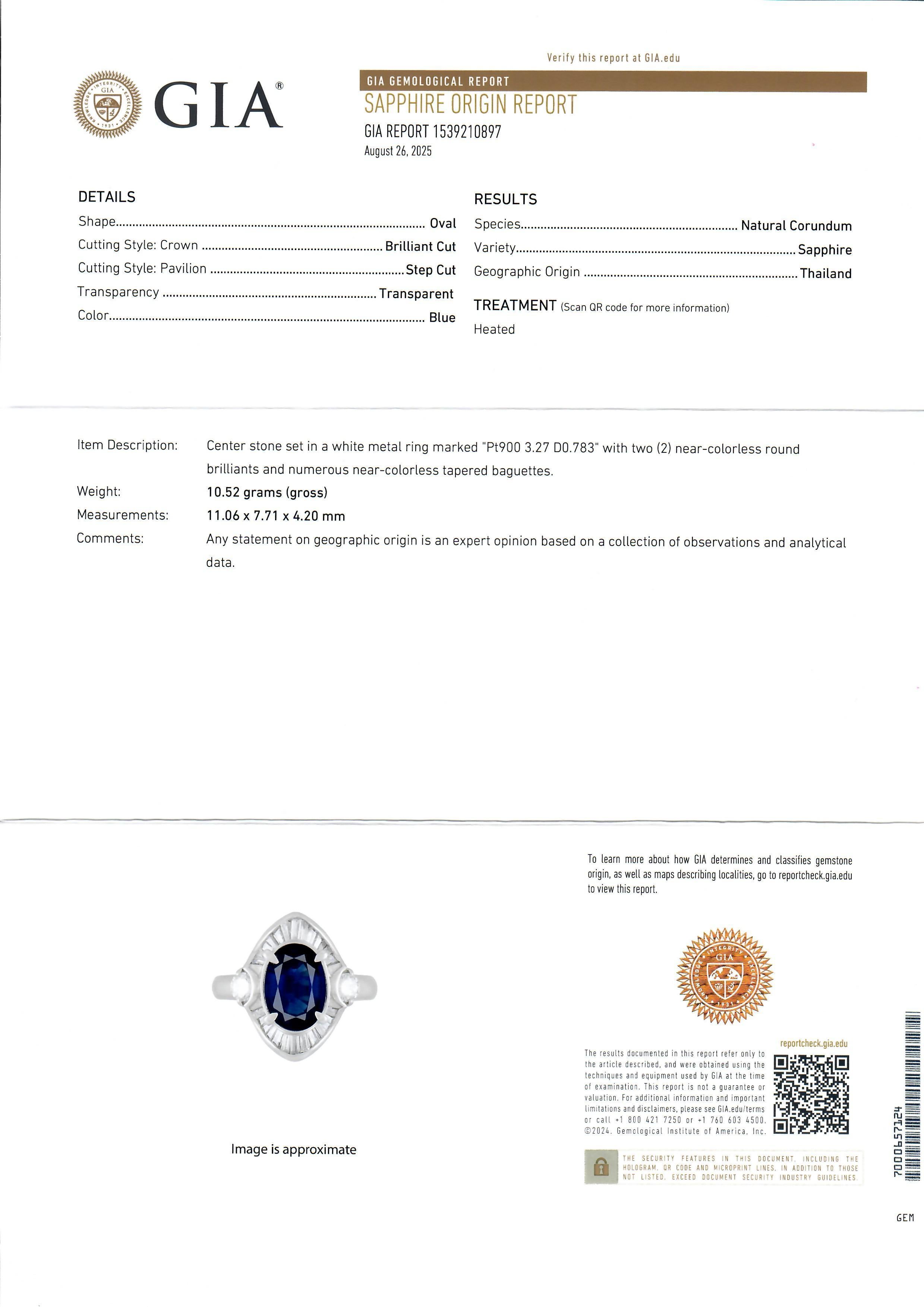 Anello in platino GIA con zaffiro ovale lungo blu reale e accenti di diamante da 4,05 ct. in vendita 10