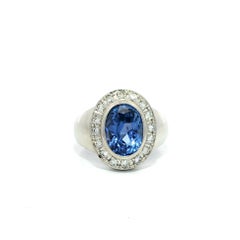 Platinum GIA 4.15ctw Ceylon No Heat Bezel Sapphire Pave Diamond Halo Solid Ring