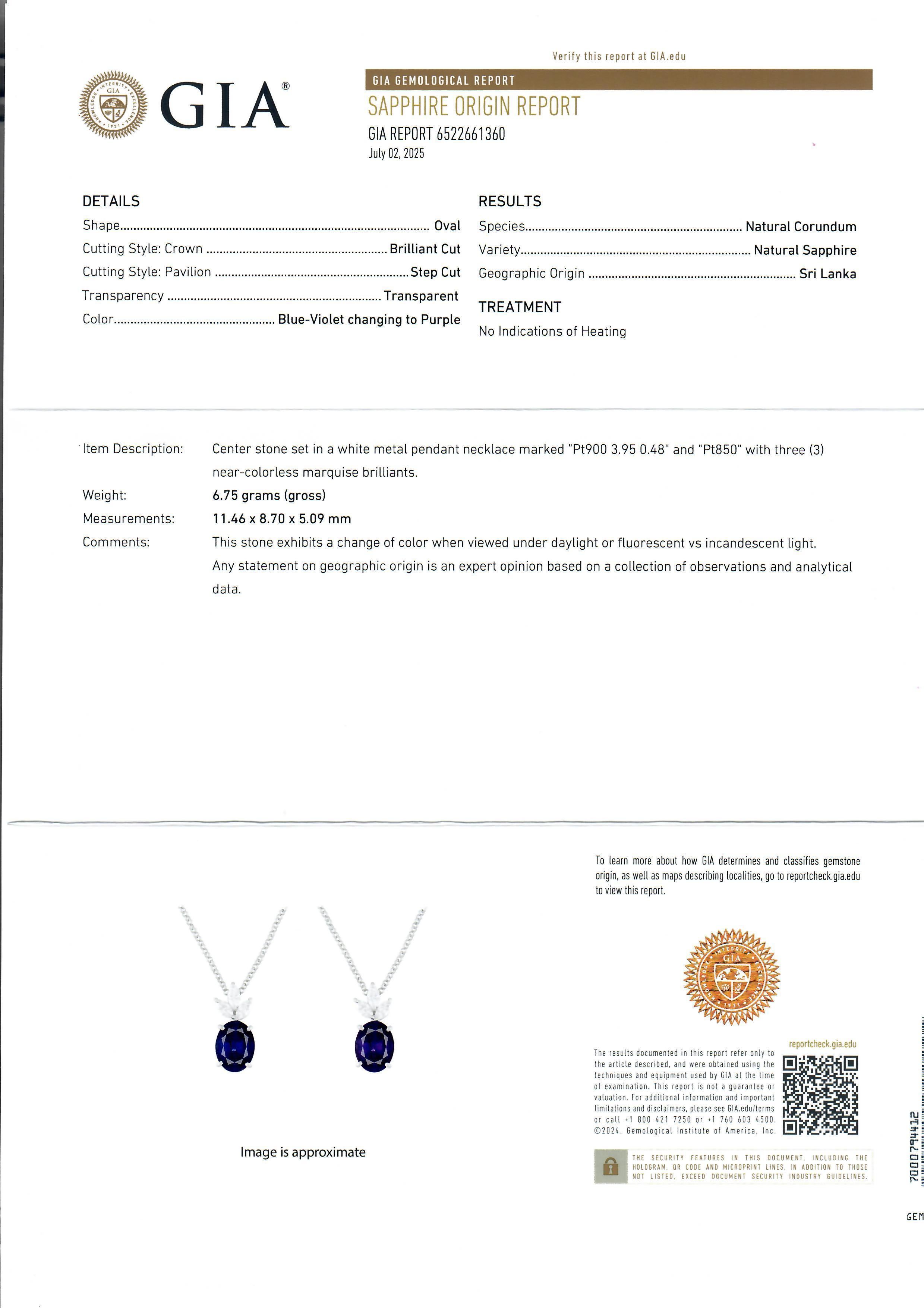 Platin GIA 4,43ct Blau Violett bis Lila No Heat Saphir & Diamant-Anhänger im Angebot 3