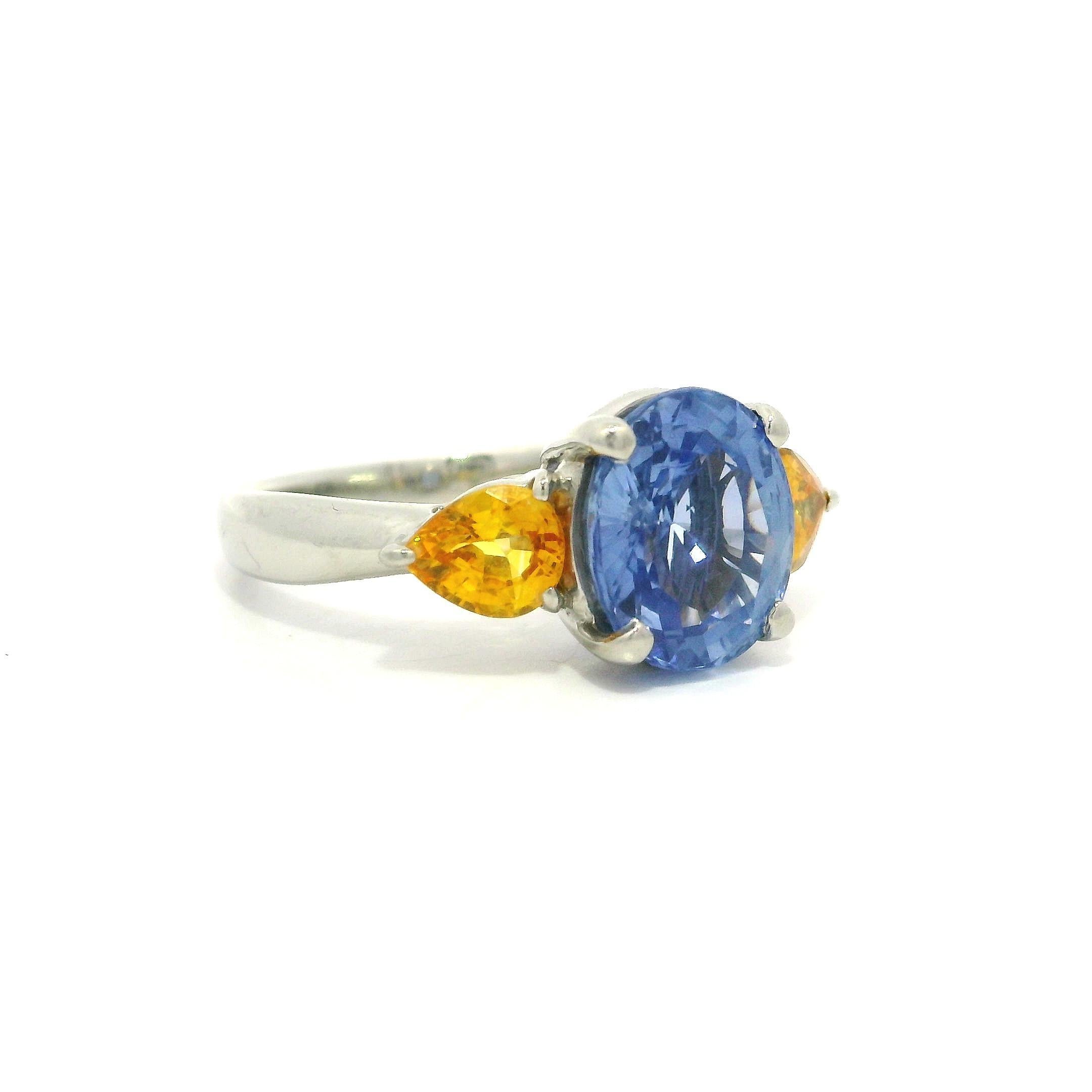 Platin GIA 4,64ctw Kornblumenblau Saphir Birne Gelb Saphir Seiten Ring im Angebot 10