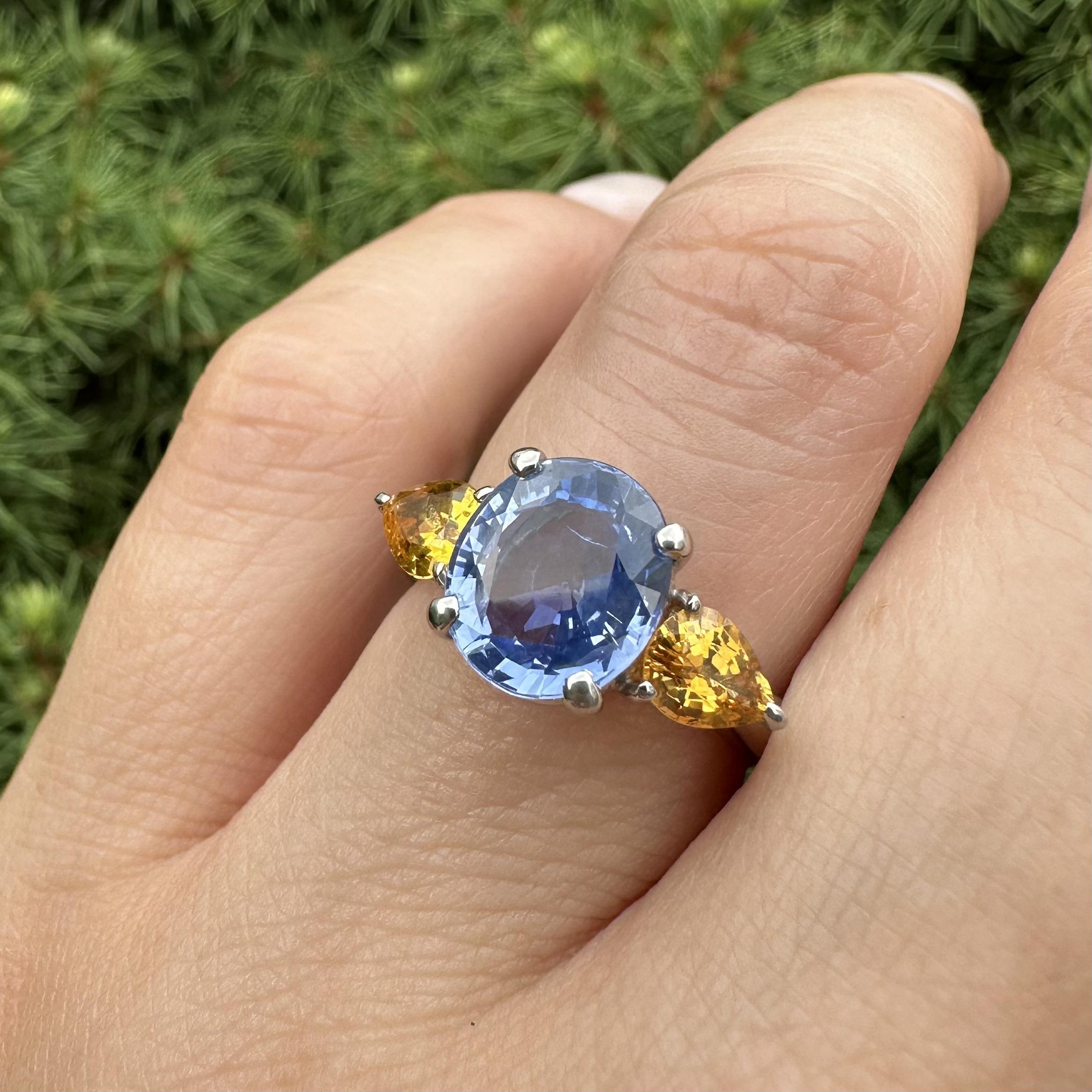 Platin GIA 4,64ctw Kornblumenblau Saphir Birne Gelb Saphir Seiten Ring im Angebot 12