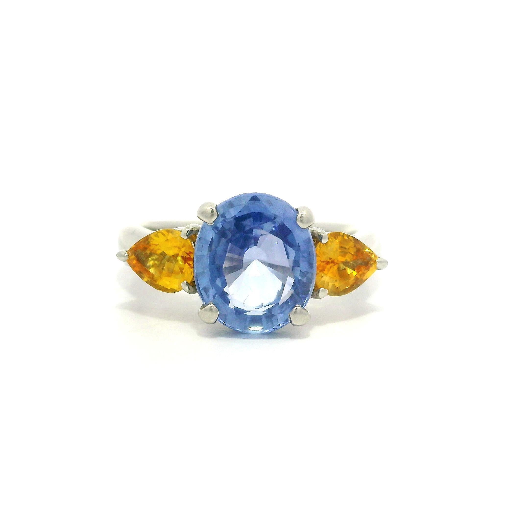 Platin GIA 4,64ctw Kornblumenblau Saphir Birne Gelb Saphir Seiten Ring im Angebot 13