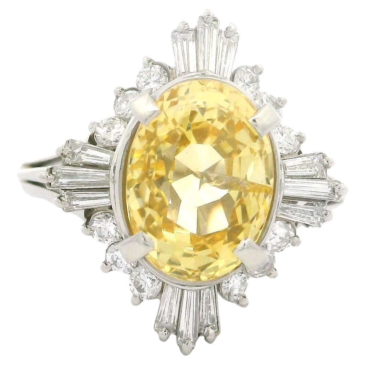 Platinum GIA 4.74ct No Heat Ceylon Yellow Sapphire Diamond Target Ballerina Ring