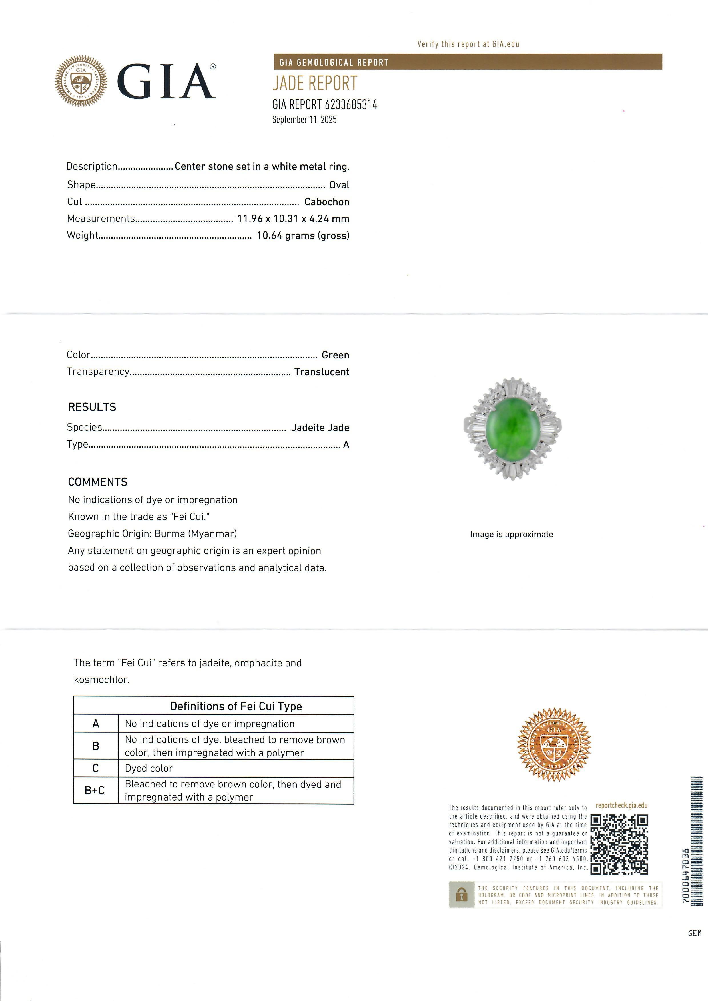 --Pierre(s) :...
(1) Jade Naturel - 100% Jade A Naturel - Taille Cabochon Ovale - Serti - Couleur Vert Joyeux - Birmanie - 11.96 x 10.31 x 4.24 mm - 4.23ct (approx.)
** Voir les détails de la certification ci-dessous pour des informations