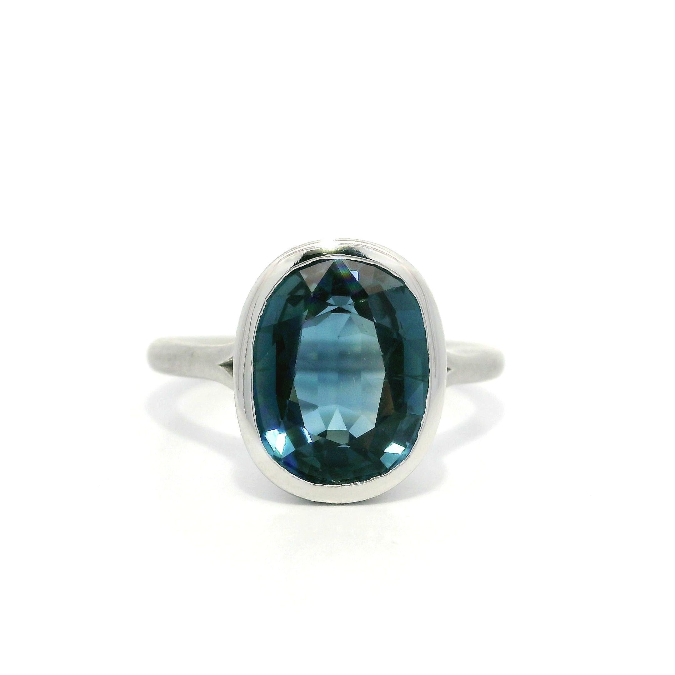Platinum GIA 5.05ct Cushion Oval Bezel Sapphire Solitaire Low Brushed Ring