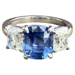 Platinum GIA 5.42ctw Ceylon Cushion Sapphire Old Mine Cut Diamond 3 Stone Ring
