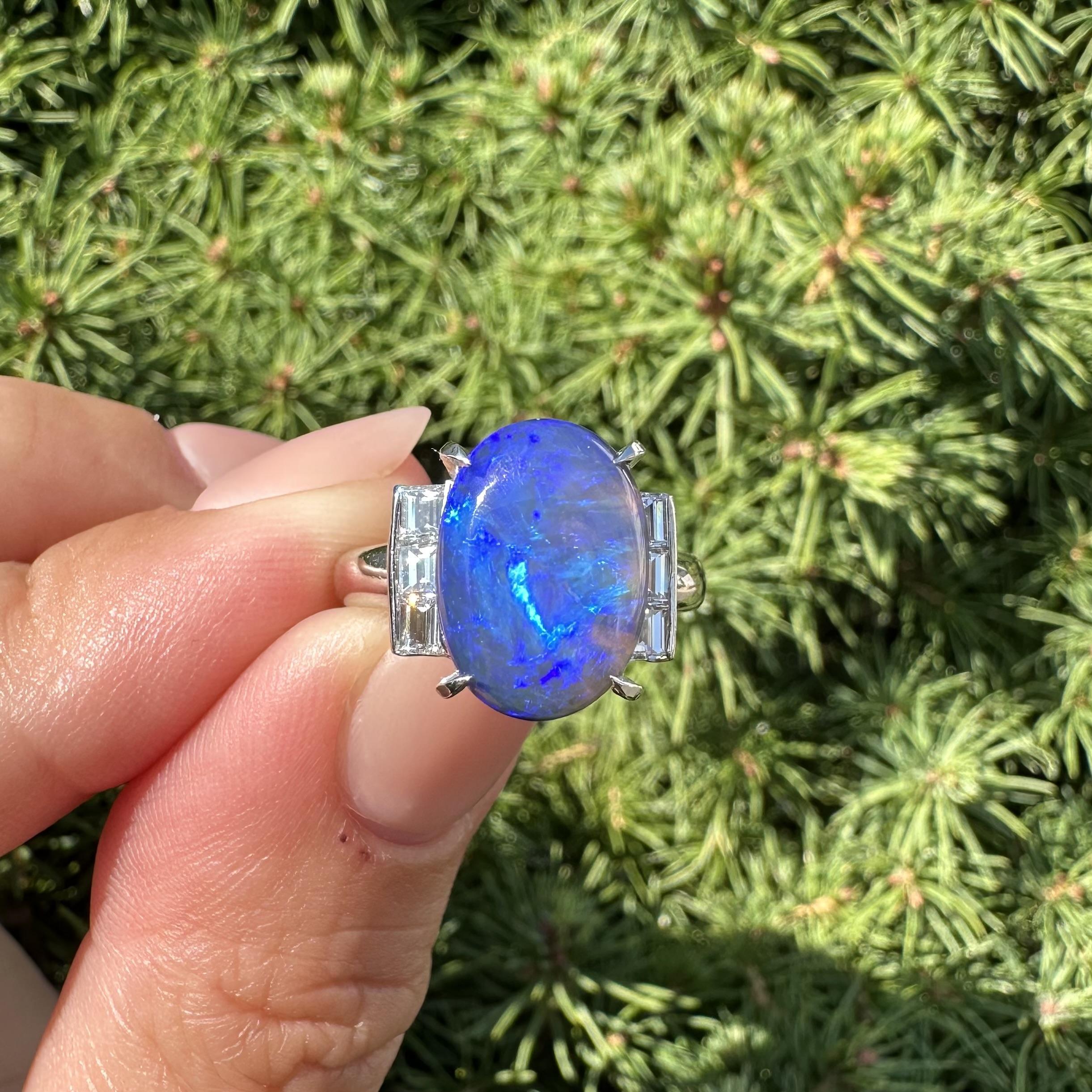 Platin GIA 5,48ctw Bright Blue Black Opal w / Baguette Diamant Schultern Ring im Angebot 6