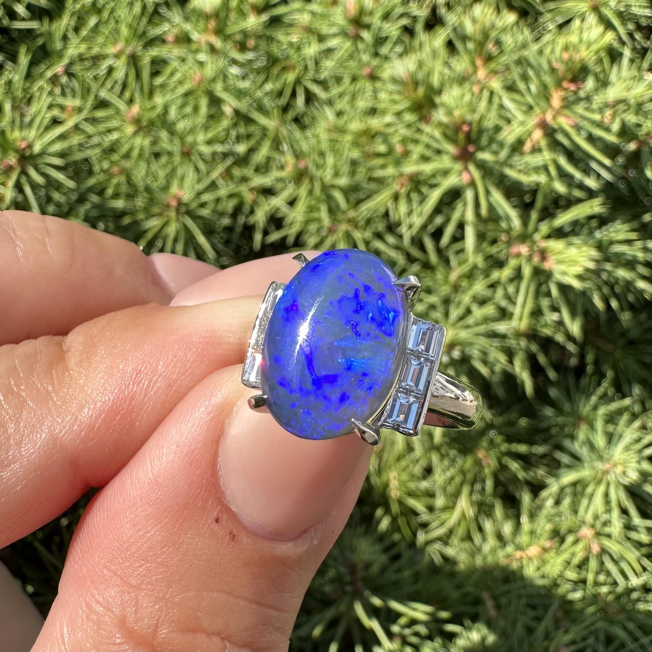 Platin GIA 5,48ctw Bright Blue Black Opal w / Baguette Diamant Schultern Ring im Angebot 7