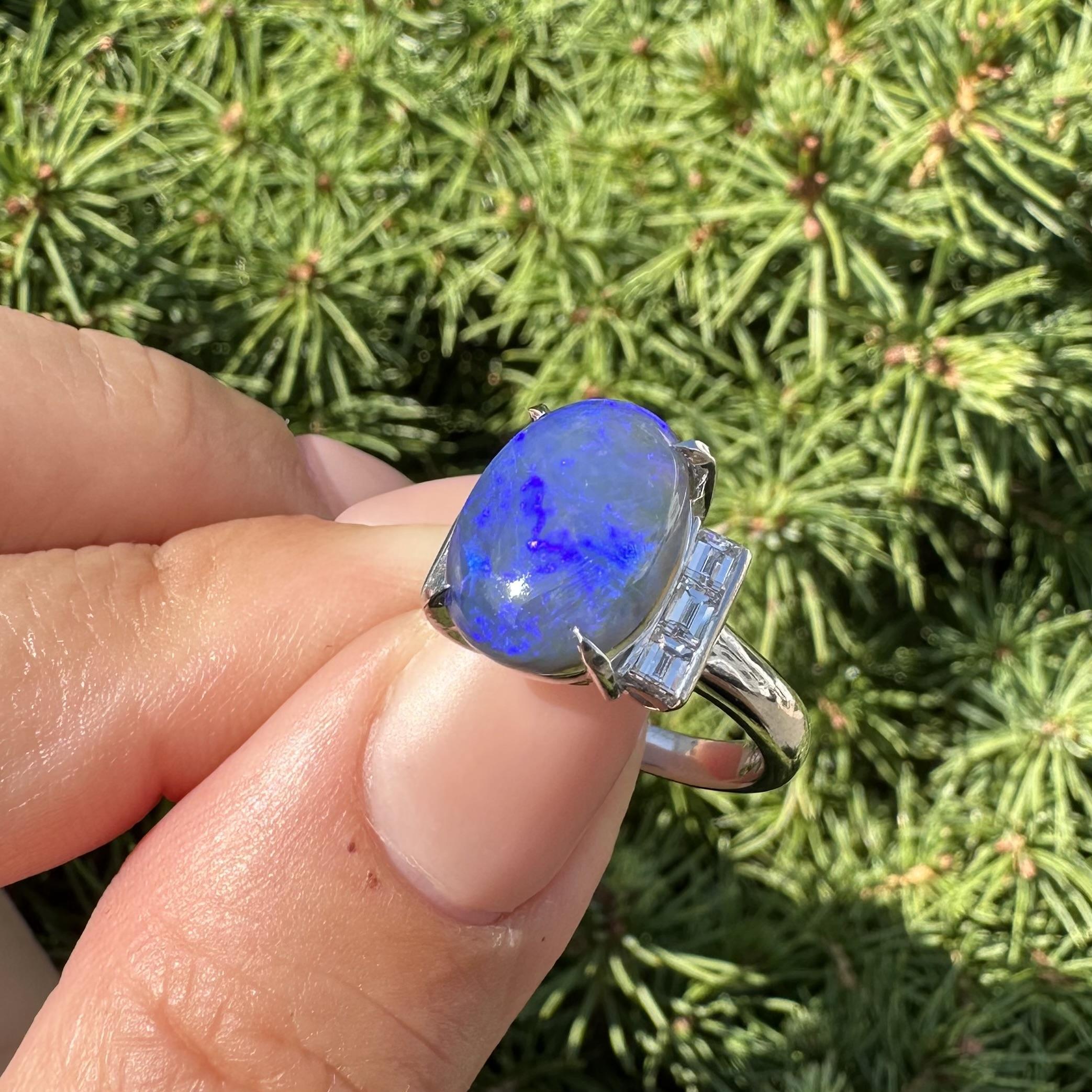 Platin GIA 5,48ctw Bright Blue Black Opal w / Baguette Diamant Schultern Ring im Angebot 8
