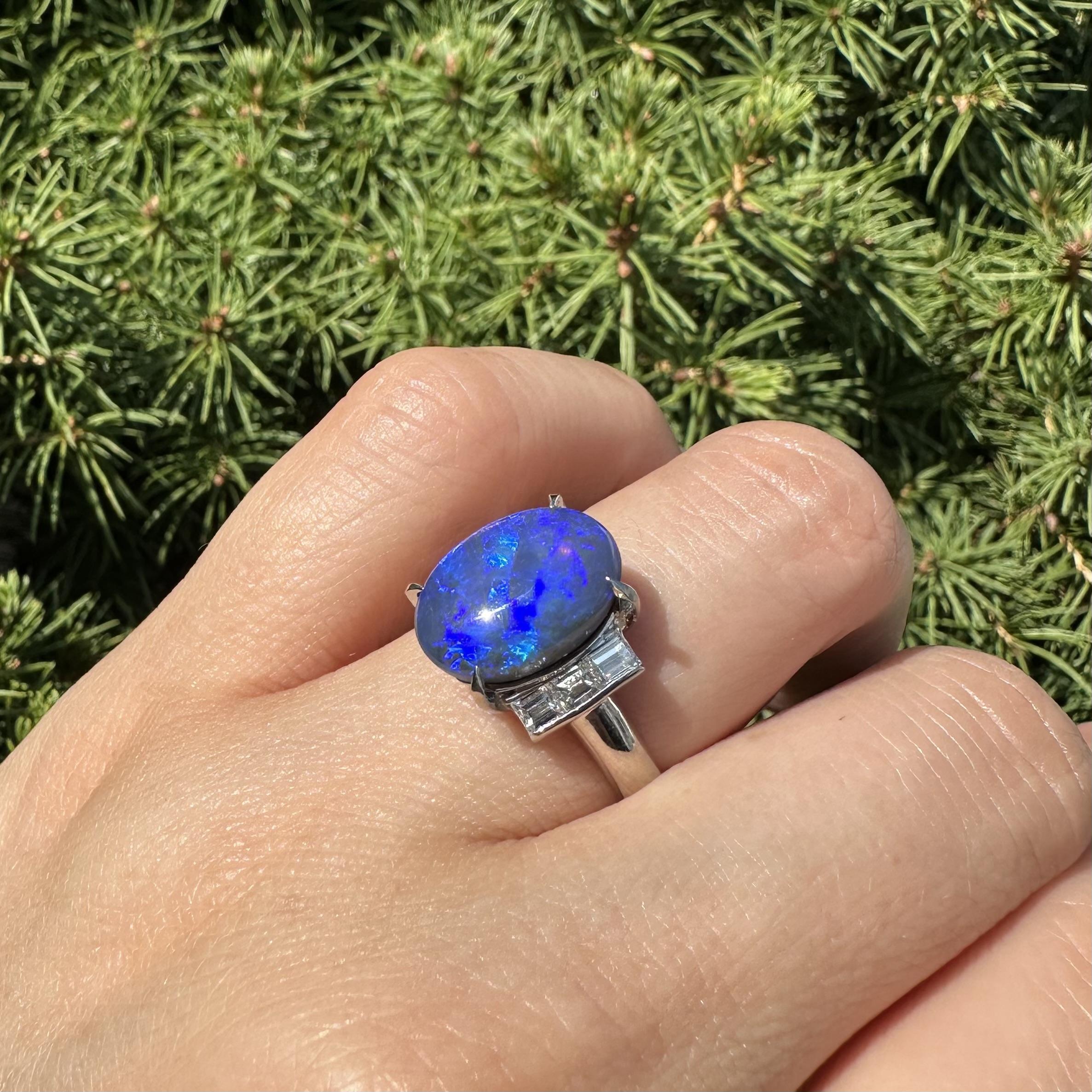 Platin GIA 5,48ctw Bright Blue Black Opal w / Baguette Diamant Schultern Ring im Angebot 10