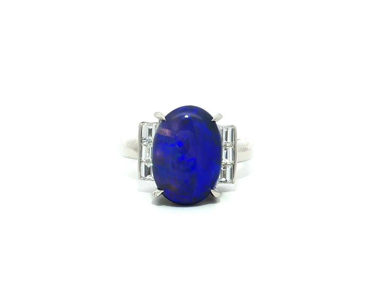 Platin GIA 5,48ctw Bright Blue Black Opal w / Baguette Diamant Schultern Ring im Angebot 1