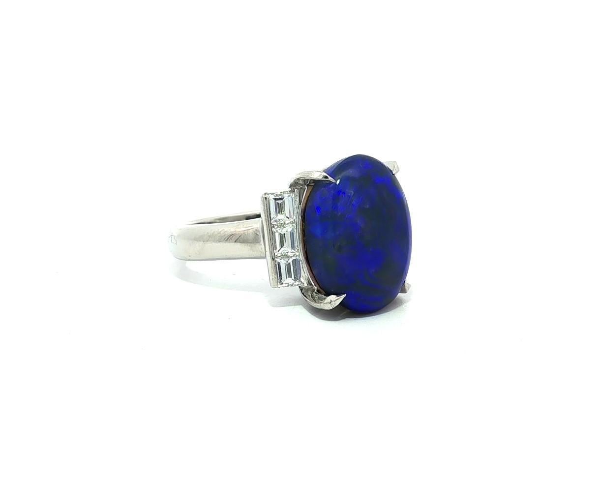 Platin GIA 5,48ctw Bright Blue Black Opal w / Baguette Diamant Schultern Ring im Angebot 2