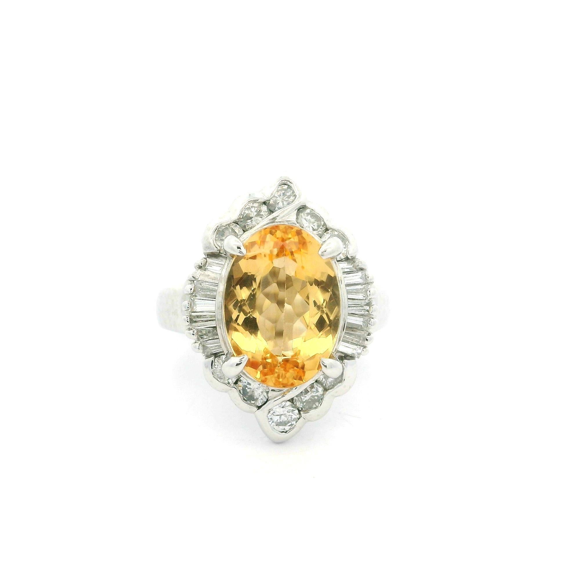 Platinum GIA 5.51ctw Oval Orangy Yellow Imperial Topaz & Diamond Ring For Sale 5
