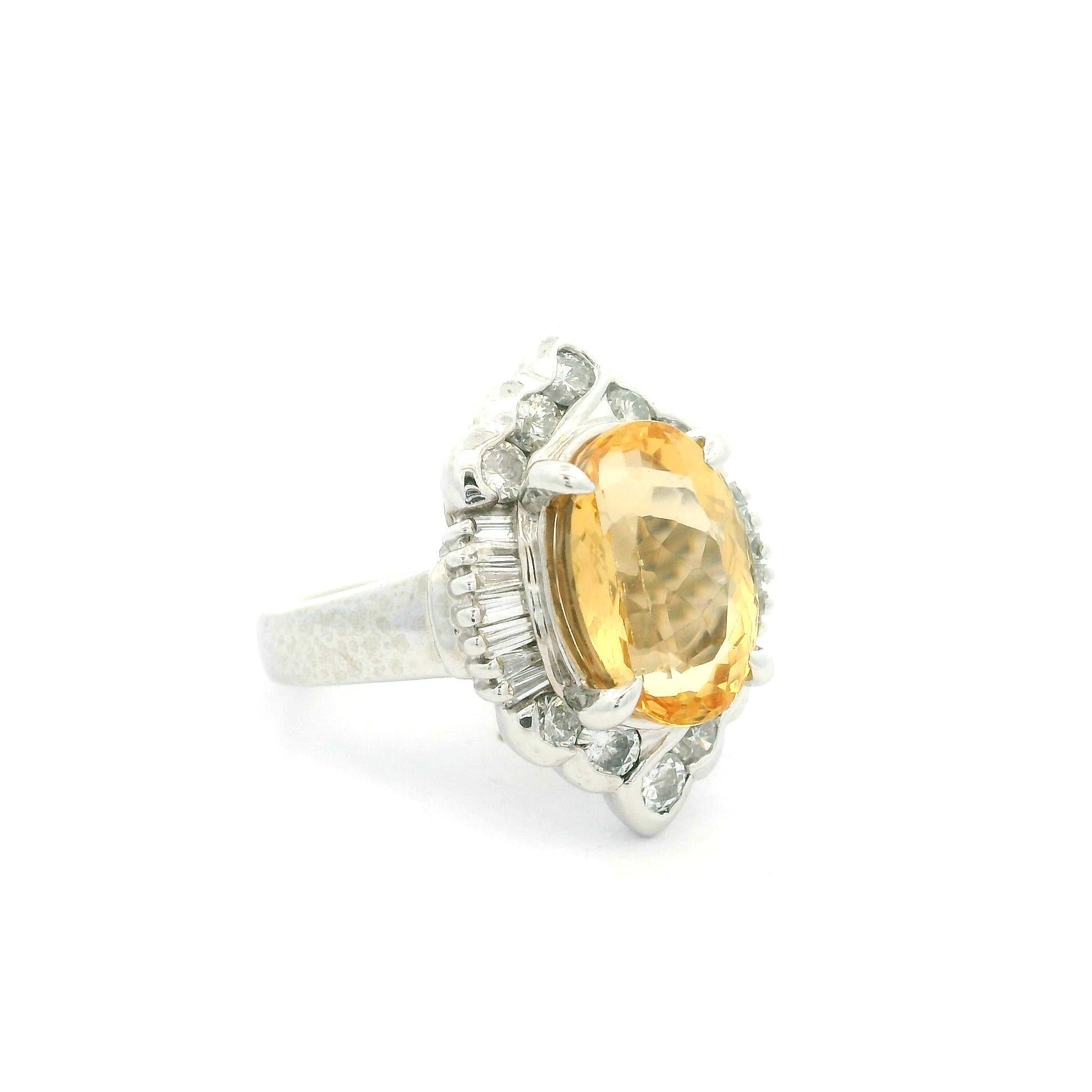 Platinum GIA 5.51ctw Oval Orangy Yellow Imperial Topaz & Diamond Ring For Sale 6