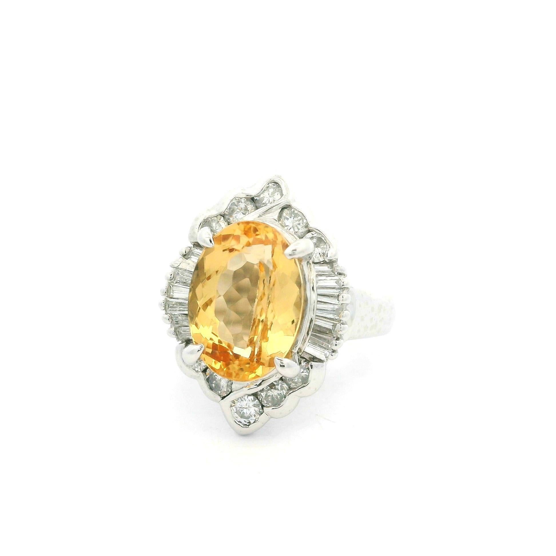 Platinum GIA 5.51ctw Oval Orangy Yellow Imperial Topaz & Diamond Ring For Sale 7