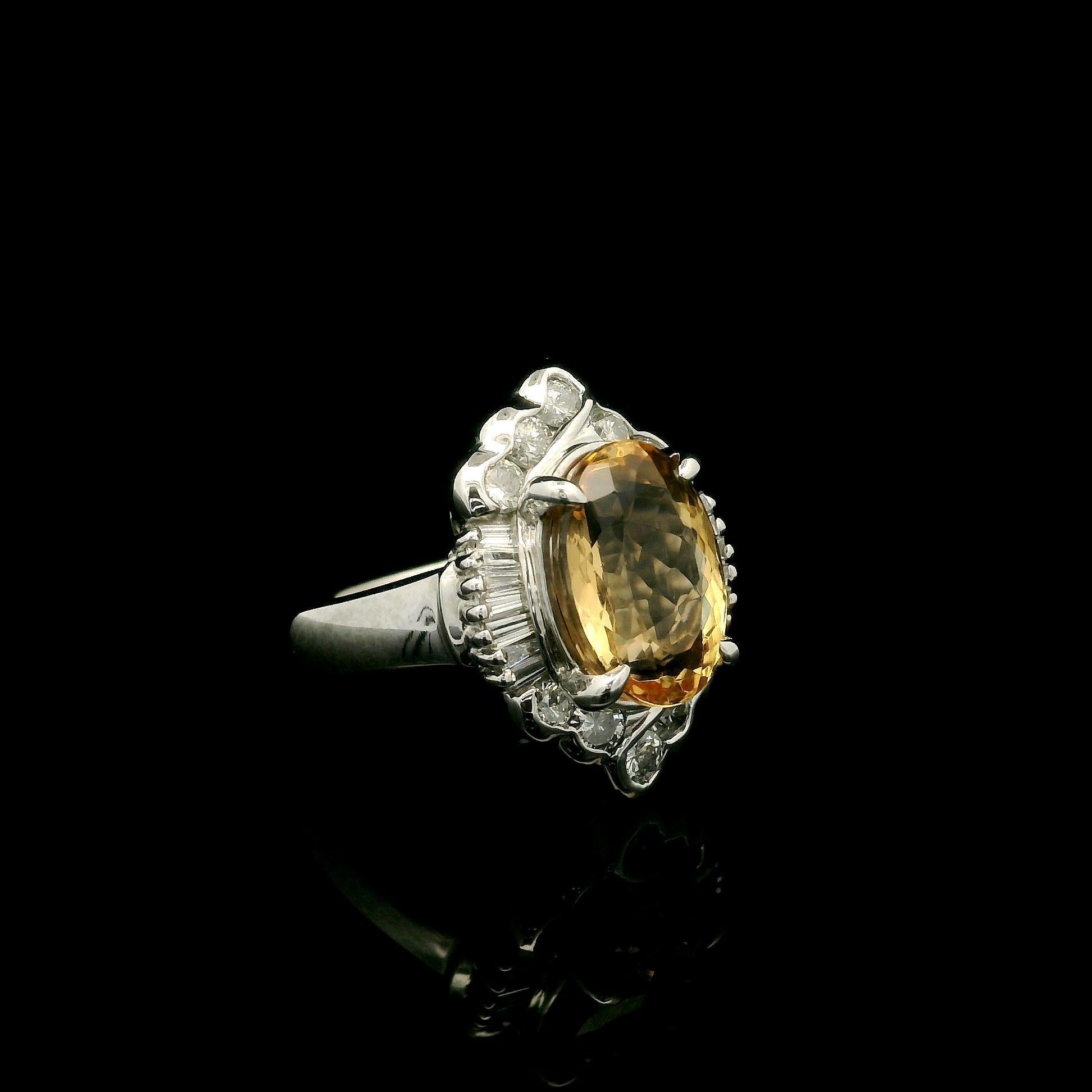 Platinum GIA 5.51ctw Oval Orangy Yellow Imperial Topaz & Diamond Ring For Sale 9