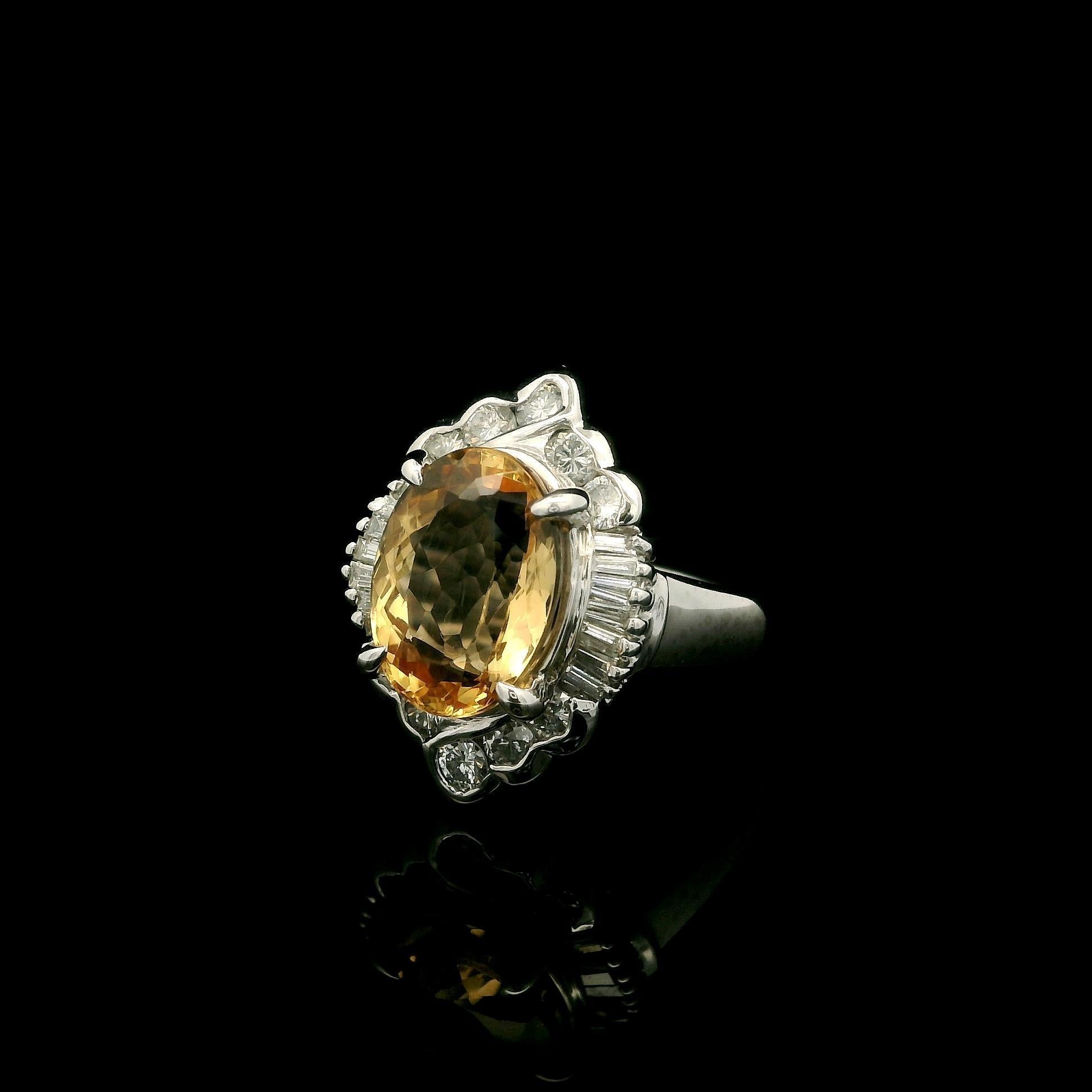 Platinum GIA 5.51ctw Oval Orangy Yellow Imperial Topaz & Diamond Ring For Sale 10