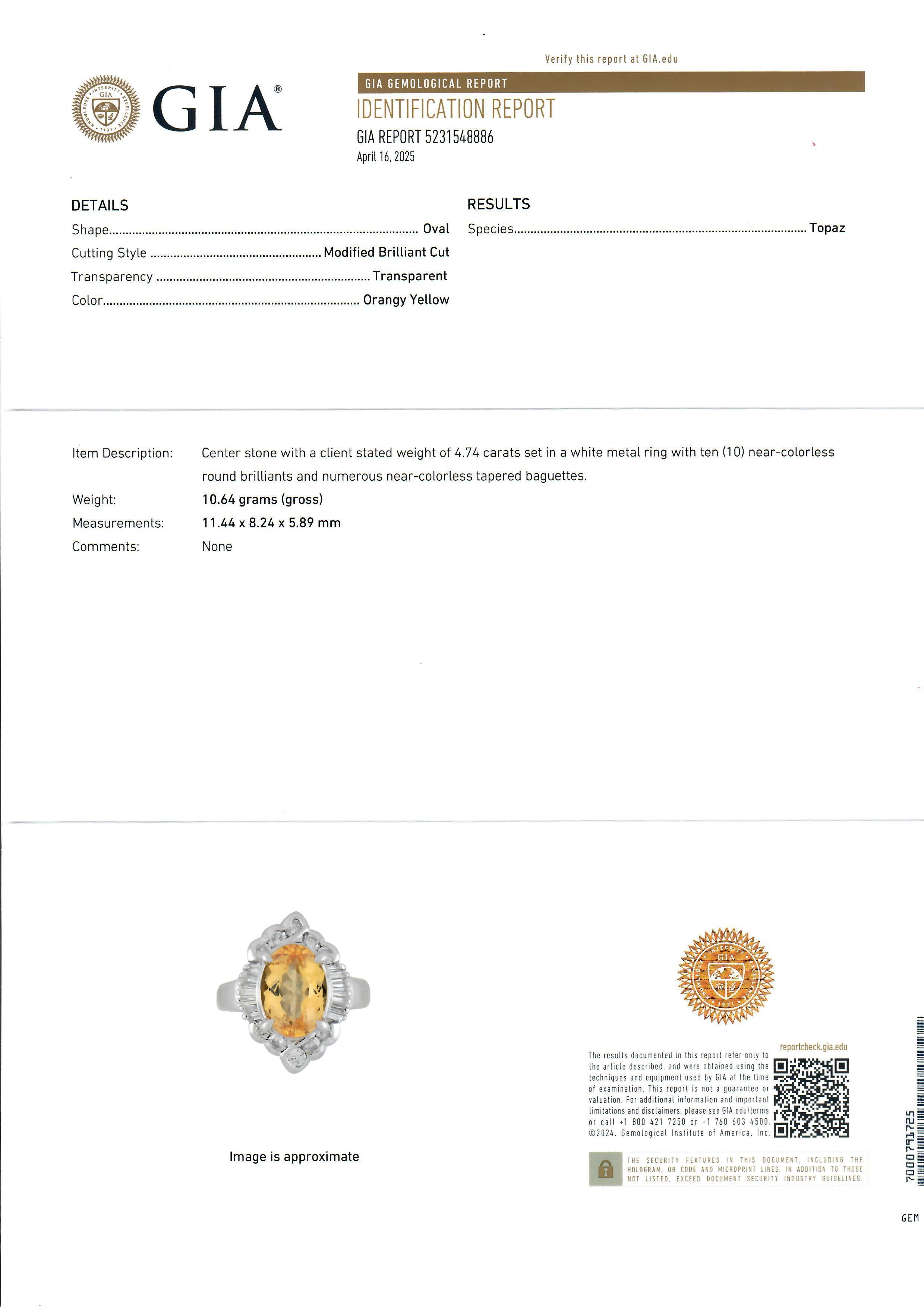 –Stone(s)–
(1) Natural Genuine Imperial Topaz - Oval Brilliant Cut - Prong Set - Fiery Orangy Yellow Color - 4.74ct (exact stamped)
** See Certification Details Below for Complete Info **
Numerous Natural Genuine Diamonds - Round Brilliant &