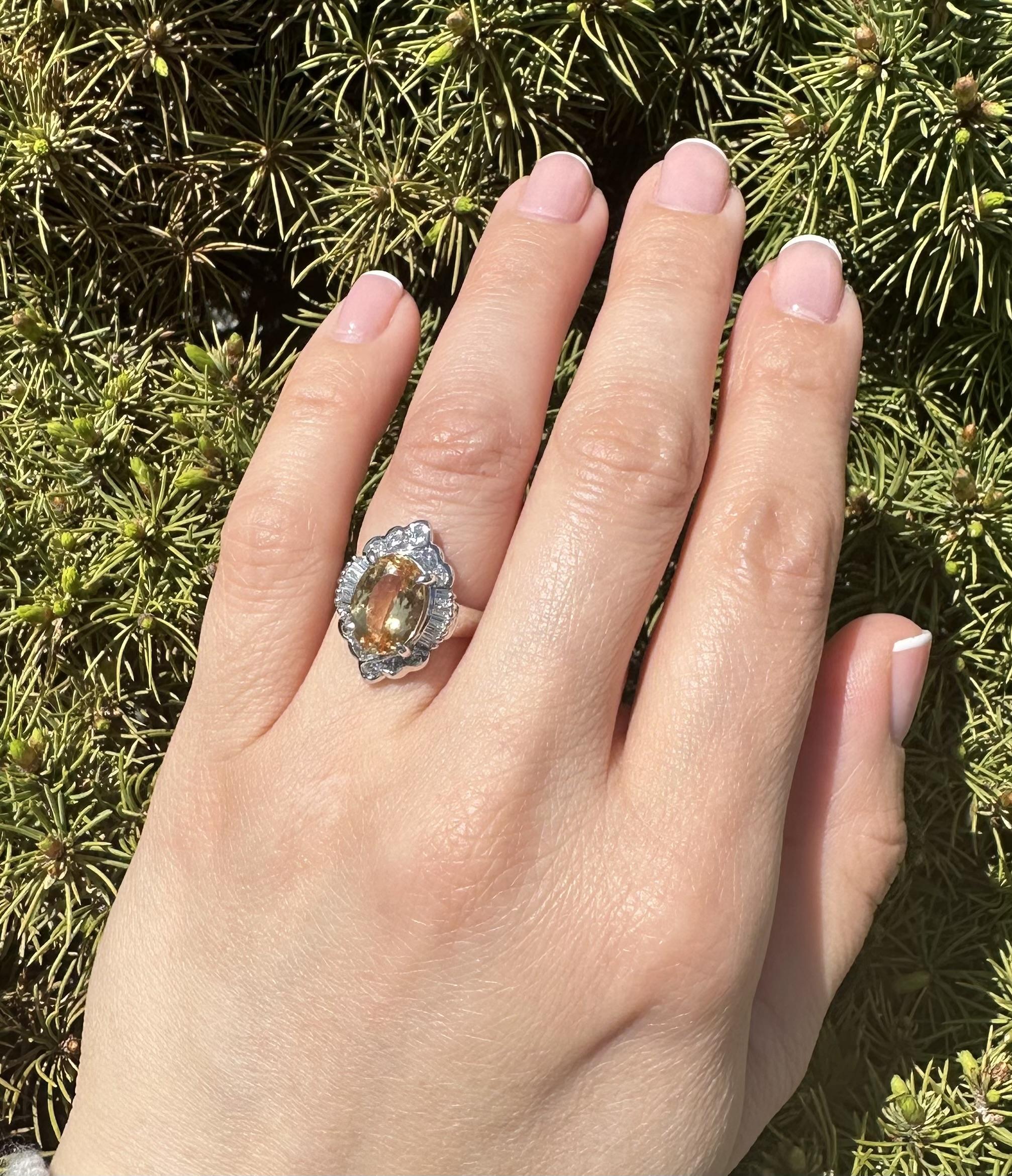 Brilliant Cut Platinum GIA 5.51ctw Oval Orangy Yellow Imperial Topaz & Diamond Ring For Sale