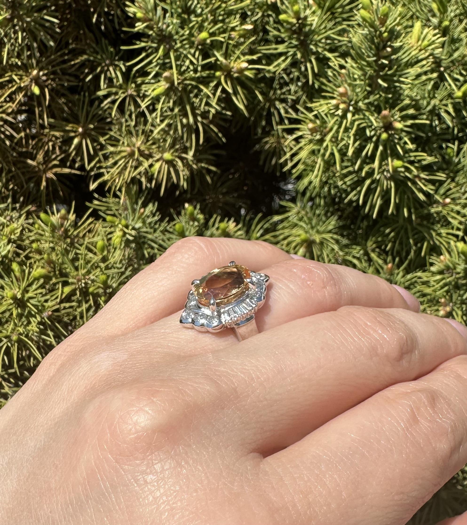 Platinum GIA 5.51ctw Oval Orangy Yellow Imperial Topaz & Diamond Ring In Excellent Condition For Sale In Montclair, NJ