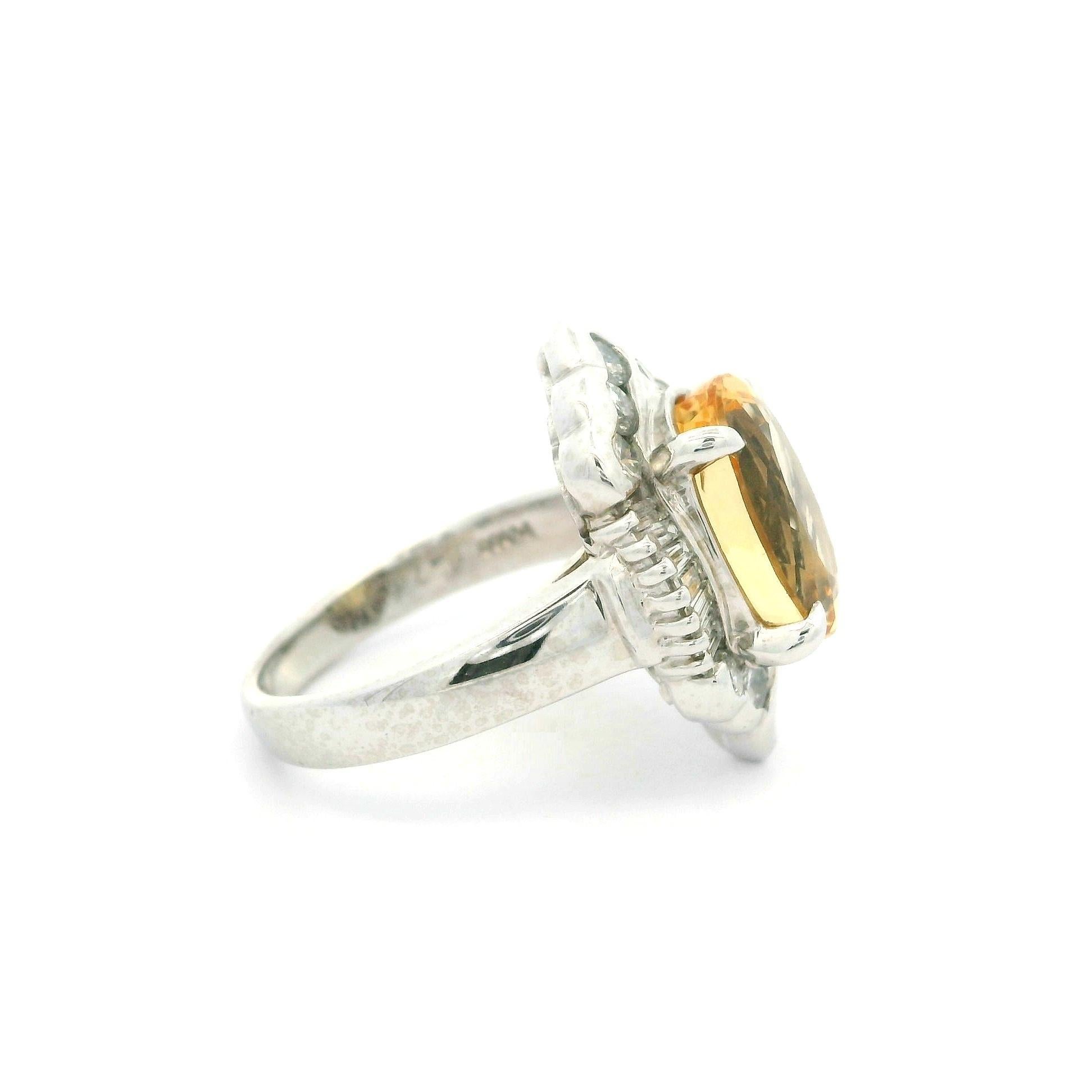Platinum GIA 5.51ctw Oval Orangy Yellow Imperial Topaz & Diamond Ring For Sale 2