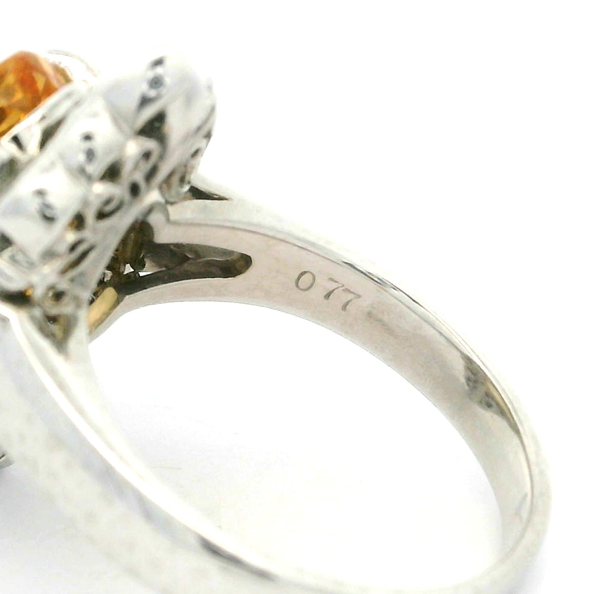 Platinum GIA 5.51ctw Oval Orangy Yellow Imperial Topaz & Diamond Ring For Sale 4