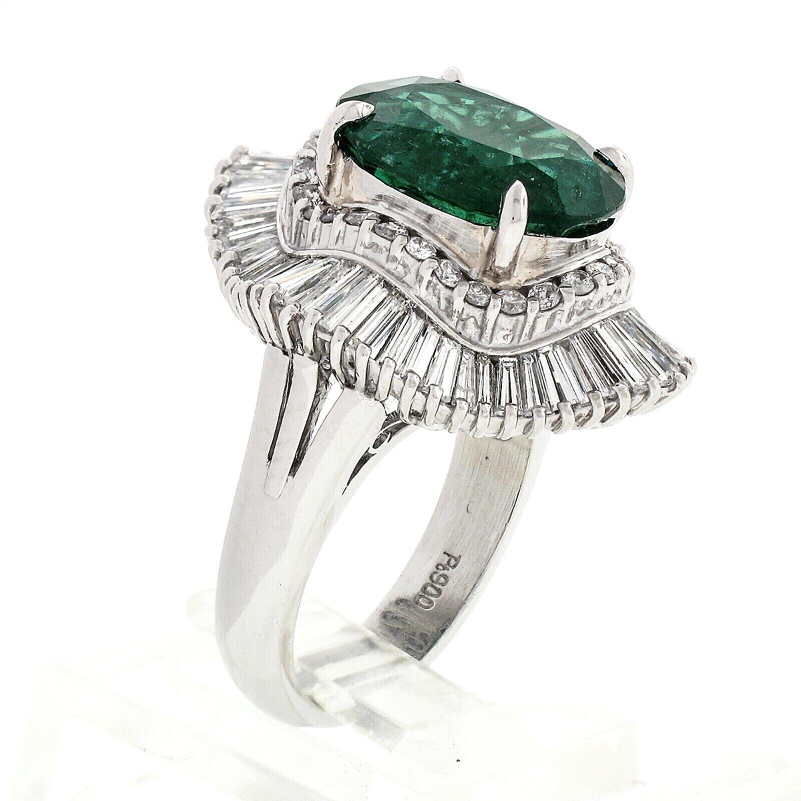 Platinum GIA 5.59 Carat Oval Emerald and Baguette Diamond Wave Ballerina Ring 3