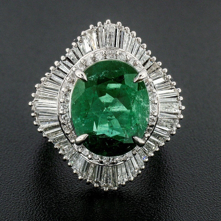 Platinum GIA 5.59 Carat Oval Emerald and Baguette Diamond Wave ...