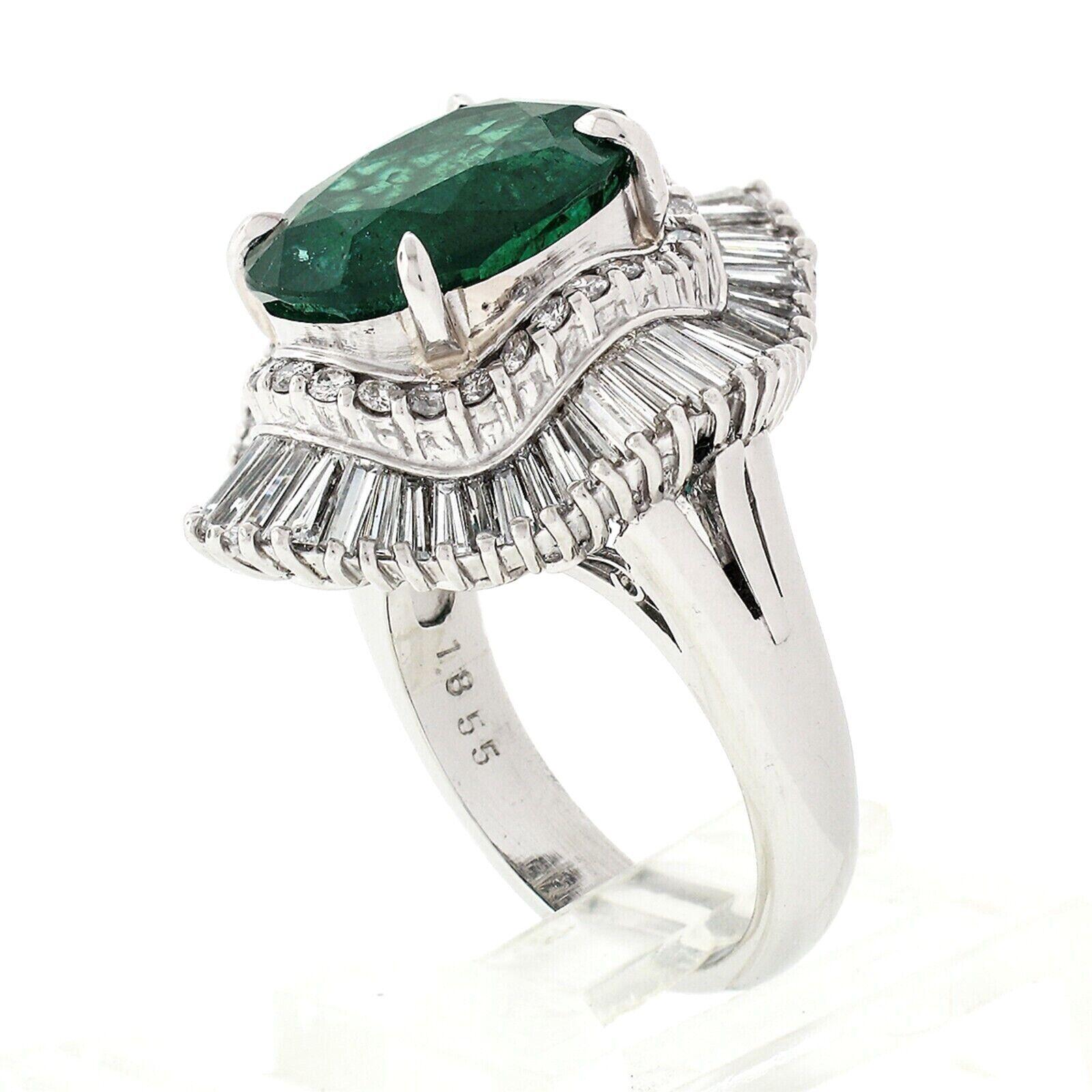 Platinum GIA 5.59 Carat Oval Emerald and Baguette Diamond Wave Ballerina Ring 1