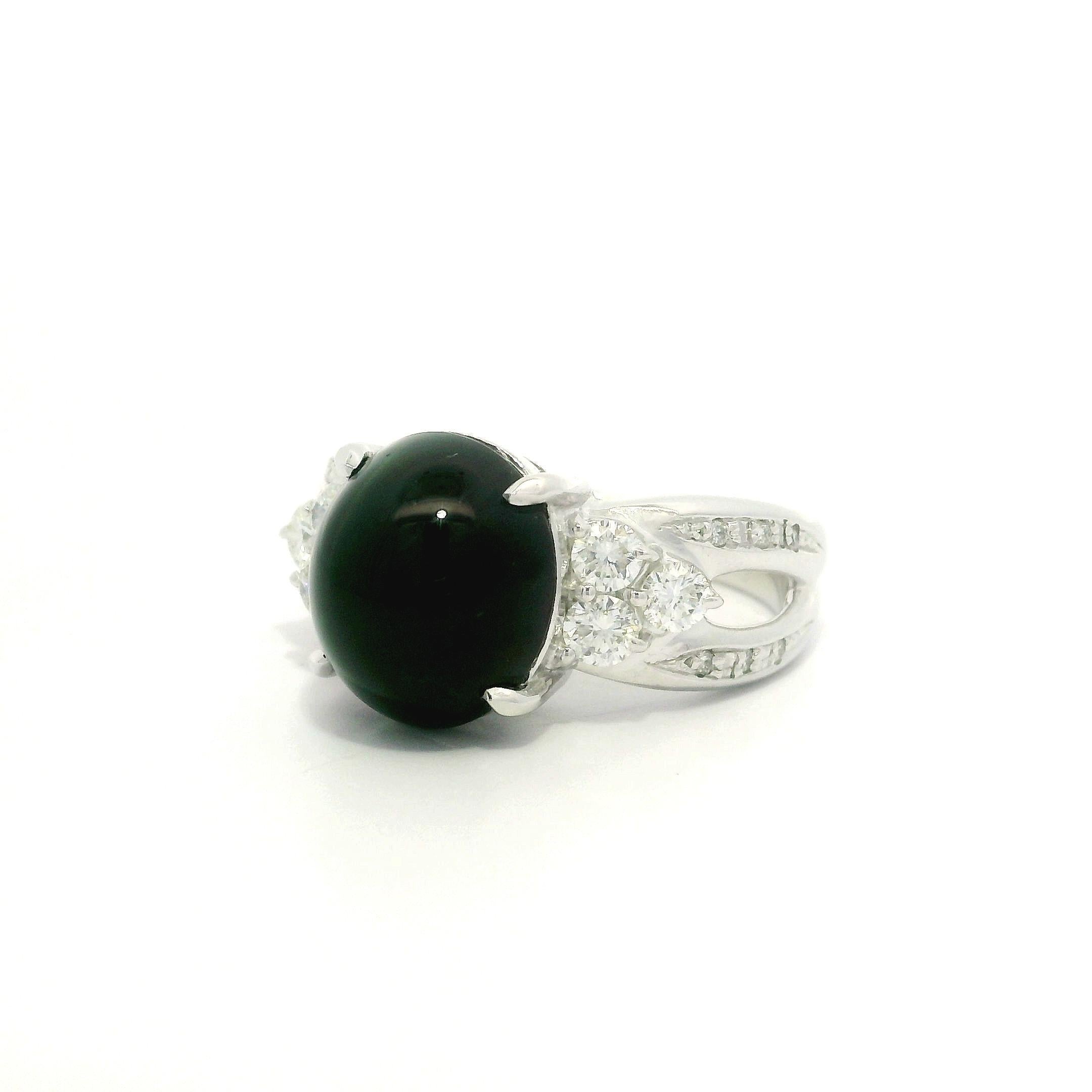 Platin GIA 5,5ctw VIVID Cat's Eye Deep Green Turmalin w / Diamant-Seiten Ring im Angebot 7