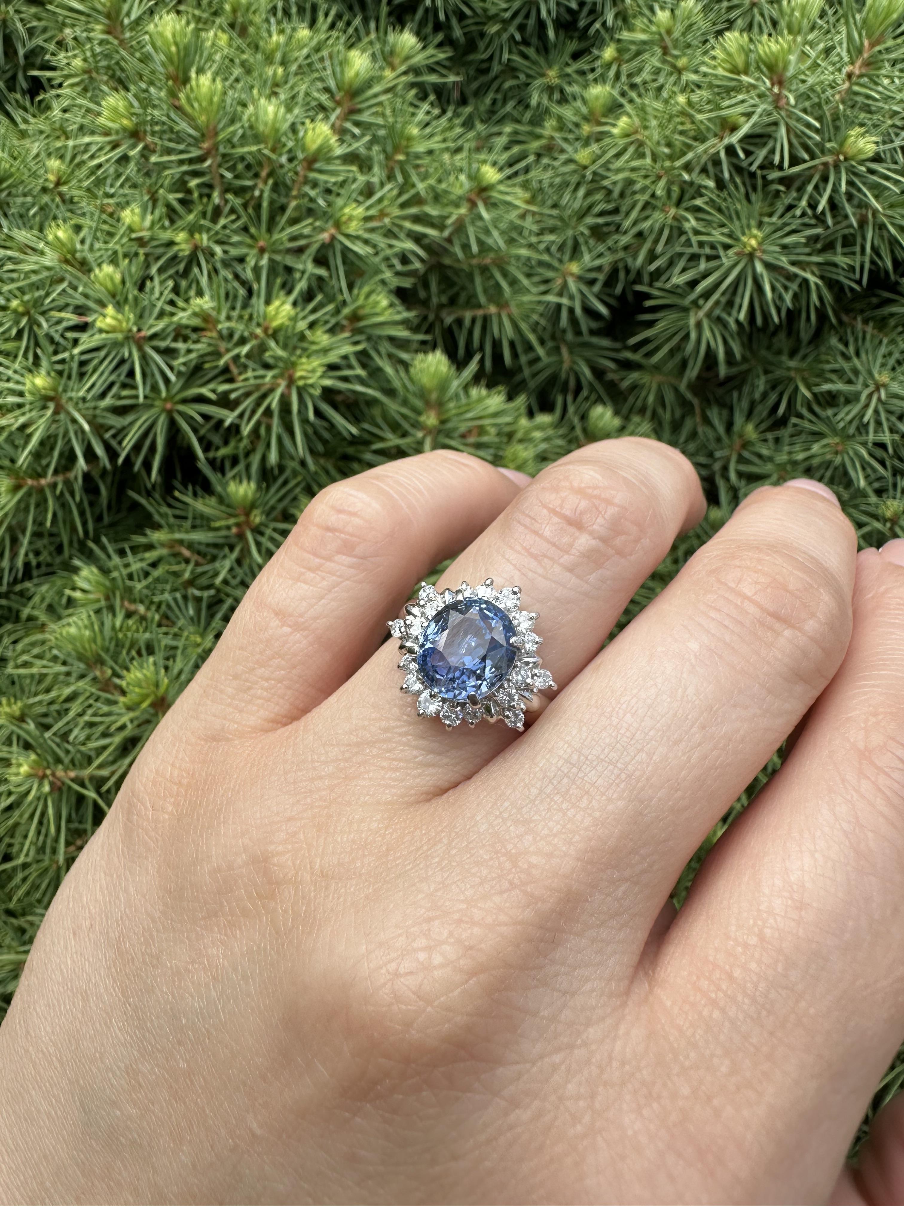 Platino GIA 5,74ctw Senza Calore Zaffiro Blu Periwinkle Ceylon Anello con diamante aureolato in vendita 7
