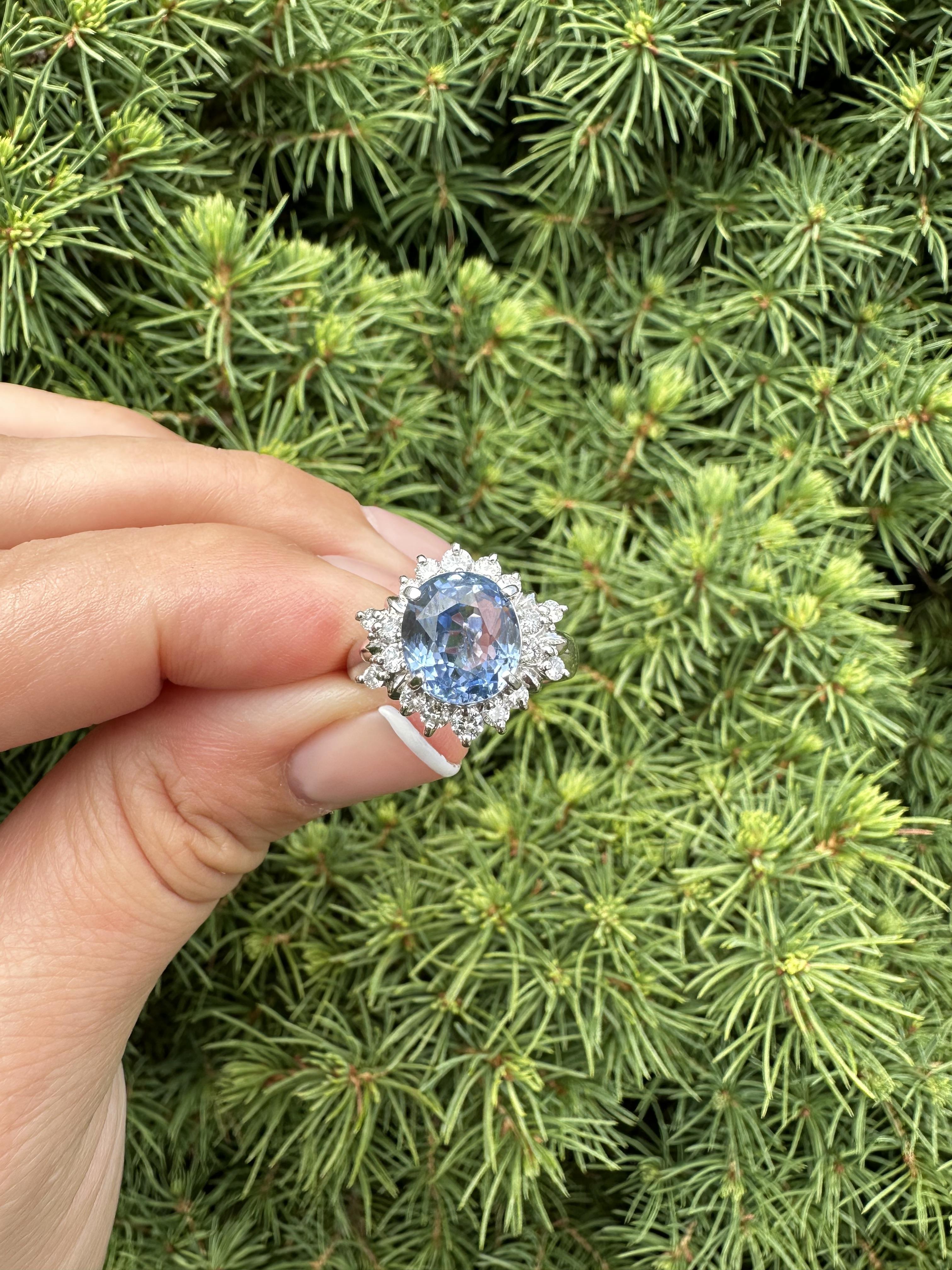 Platino GIA 5,74ctw Senza Calore Zaffiro Blu Periwinkle Ceylon Anello con diamante aureolato in vendita 8