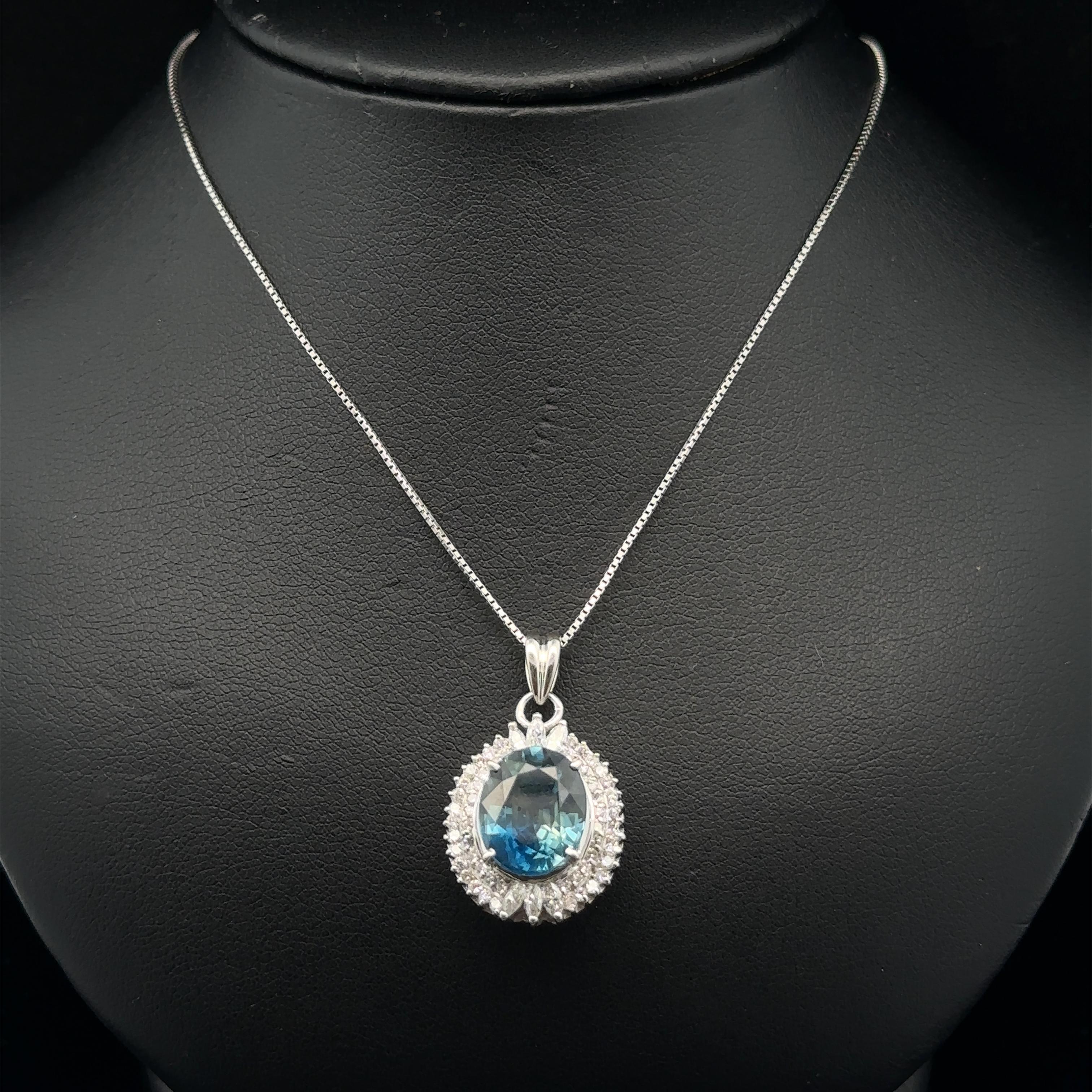 Platinum GIA 5.89ct Large Oval Sapphire w/ Dual Halo Diamond Pendant Necklace For Sale 7