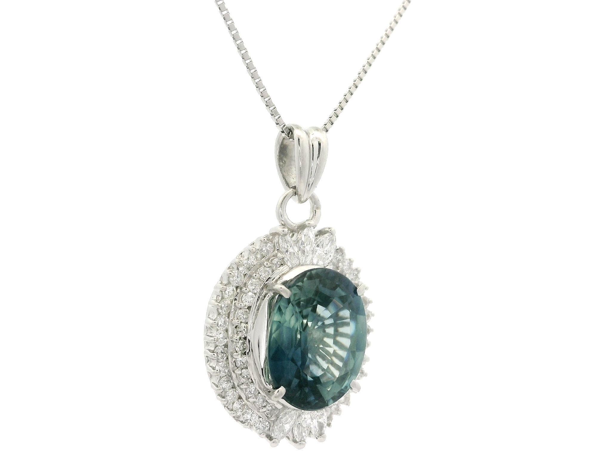 Women's Platinum GIA 5.89ct Large Oval Sapphire w/ Dual Halo Diamond Pendant Necklace For Sale