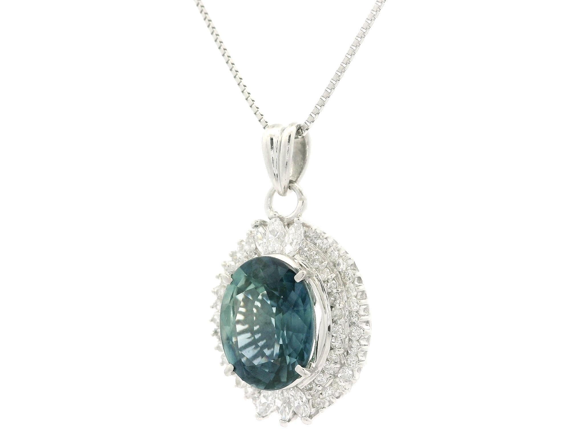 Platinum GIA 5.89ct Large Oval Sapphire w/ Dual Halo Diamond Pendant Necklace For Sale 1