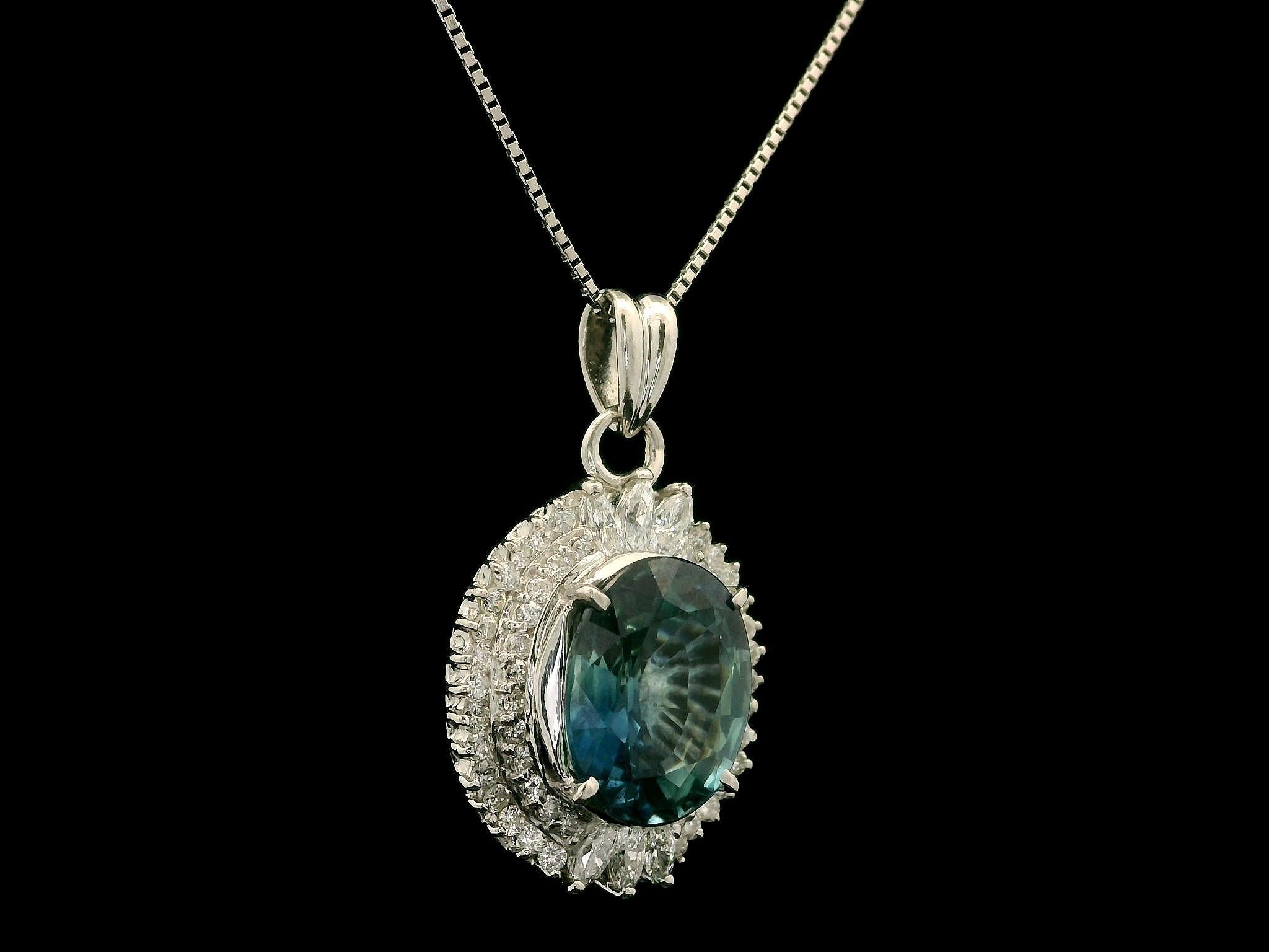 Platinum GIA 5.89ct Large Oval Sapphire w/ Dual Halo Diamond Pendant Necklace For Sale 3