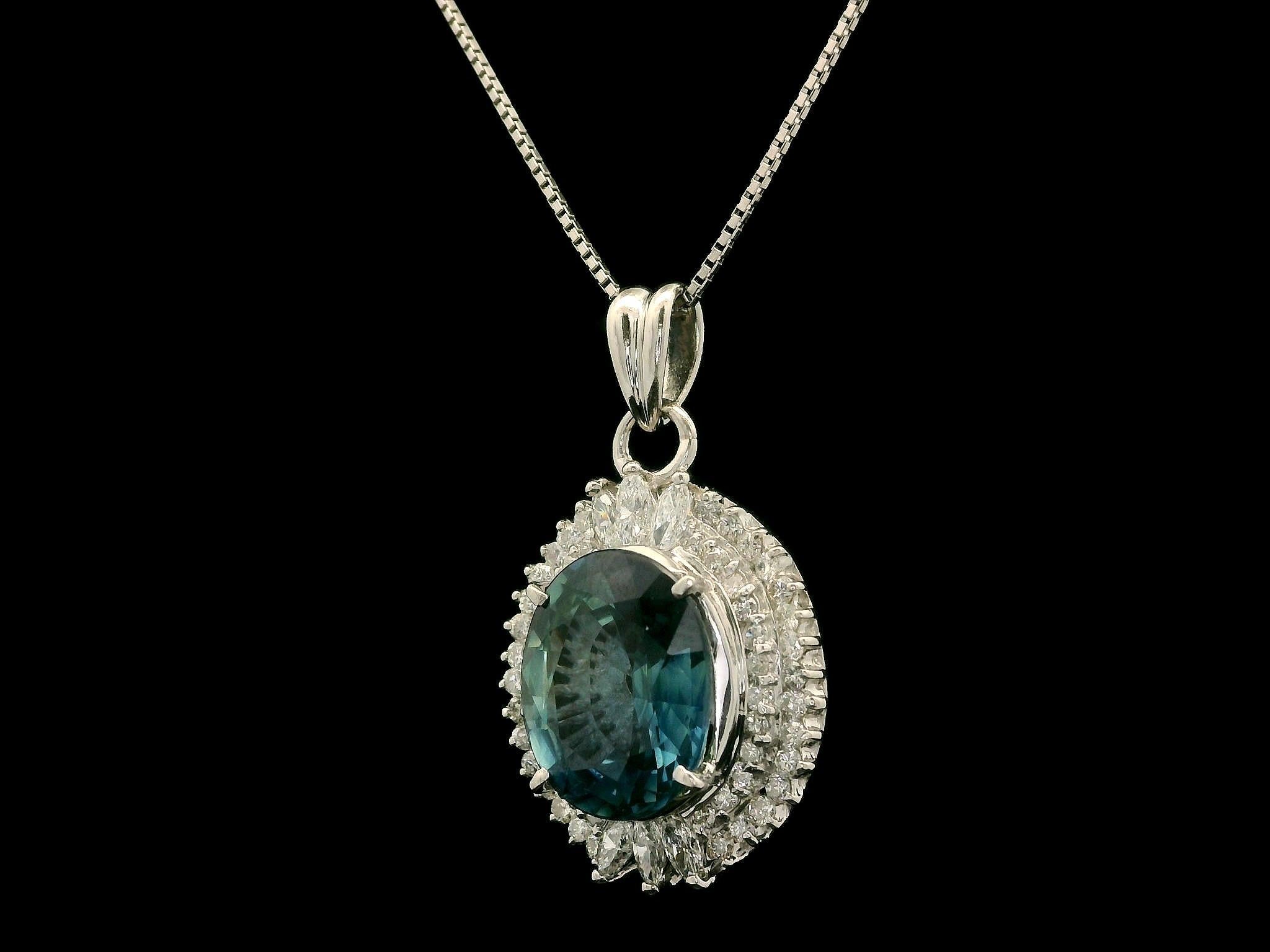 Platinum GIA 5.89ct Large Oval Sapphire w/ Dual Halo Diamond Pendant Necklace For Sale 4