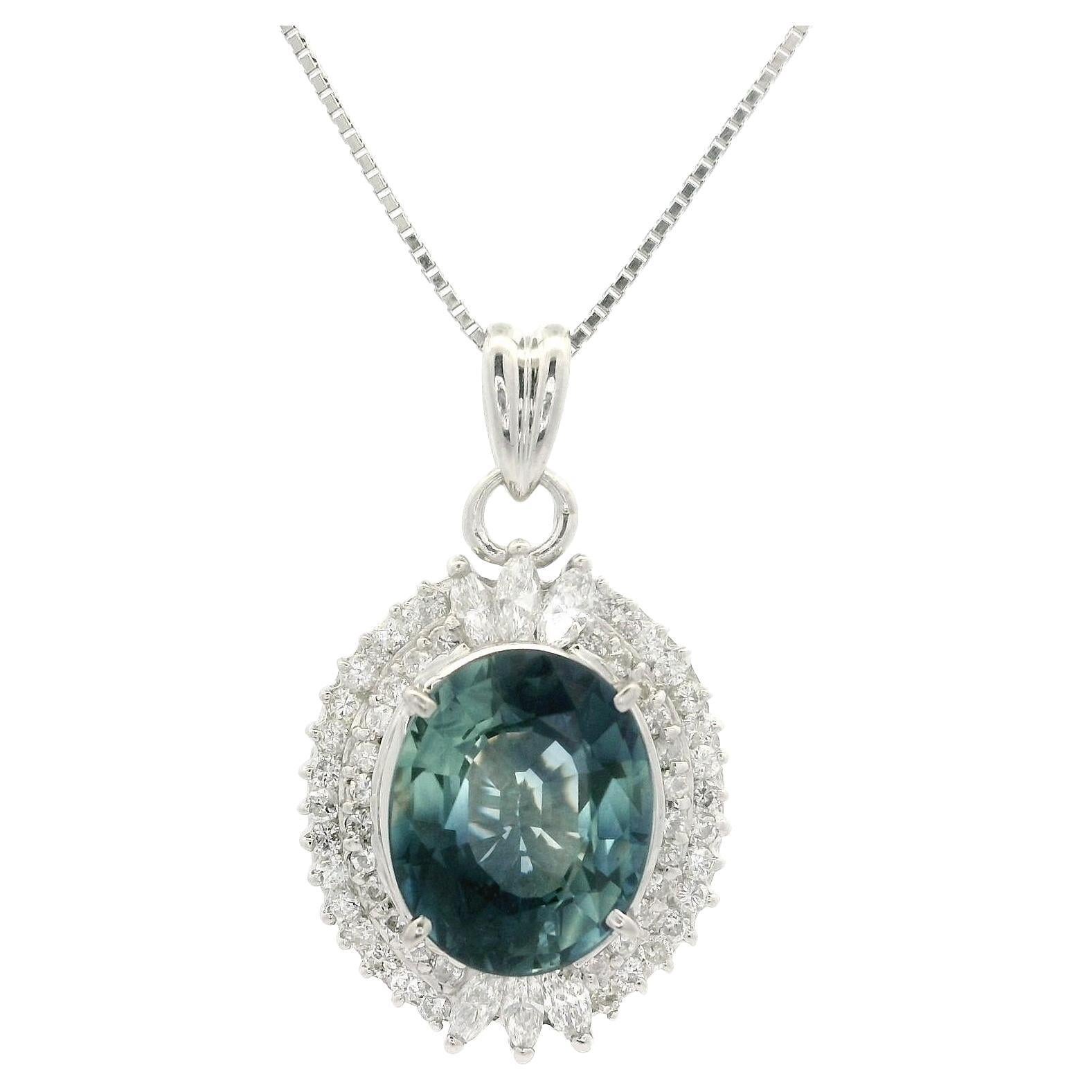 Platinum GIA 5.89ct Large Oval Sapphire w/ Dual Halo Diamond Pendant Necklace For Sale