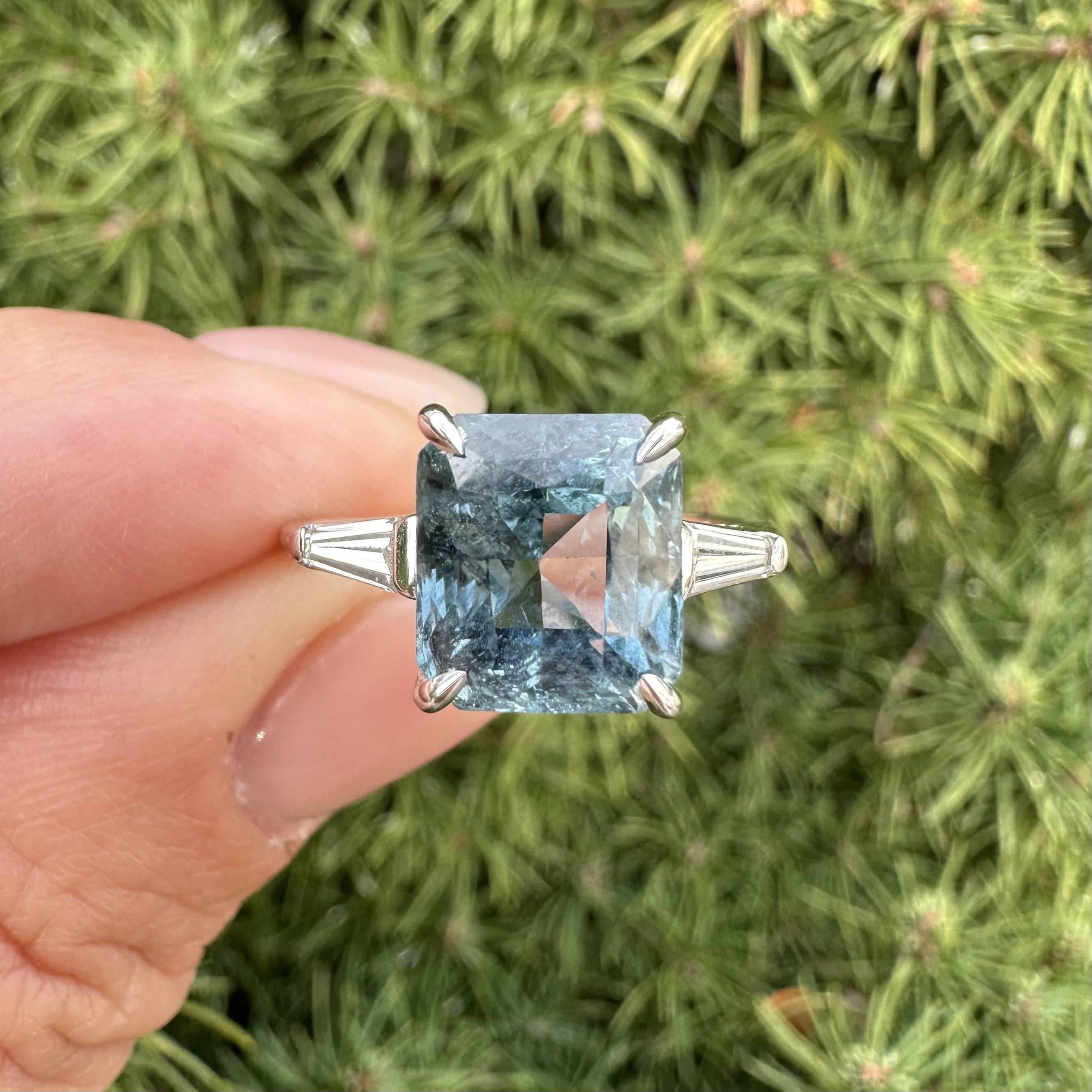 Platin GIA 6,01ctw Burma keine Hitze grünlich blauer Saphir Baguette Diamant Ring im Angebot 8