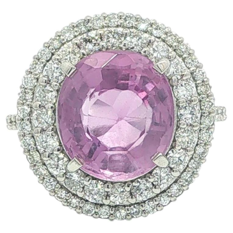 Platinum GIA 6.15ctw Oval Ceylon Pink Sapphire w/ Dual Diamond Halo Ring