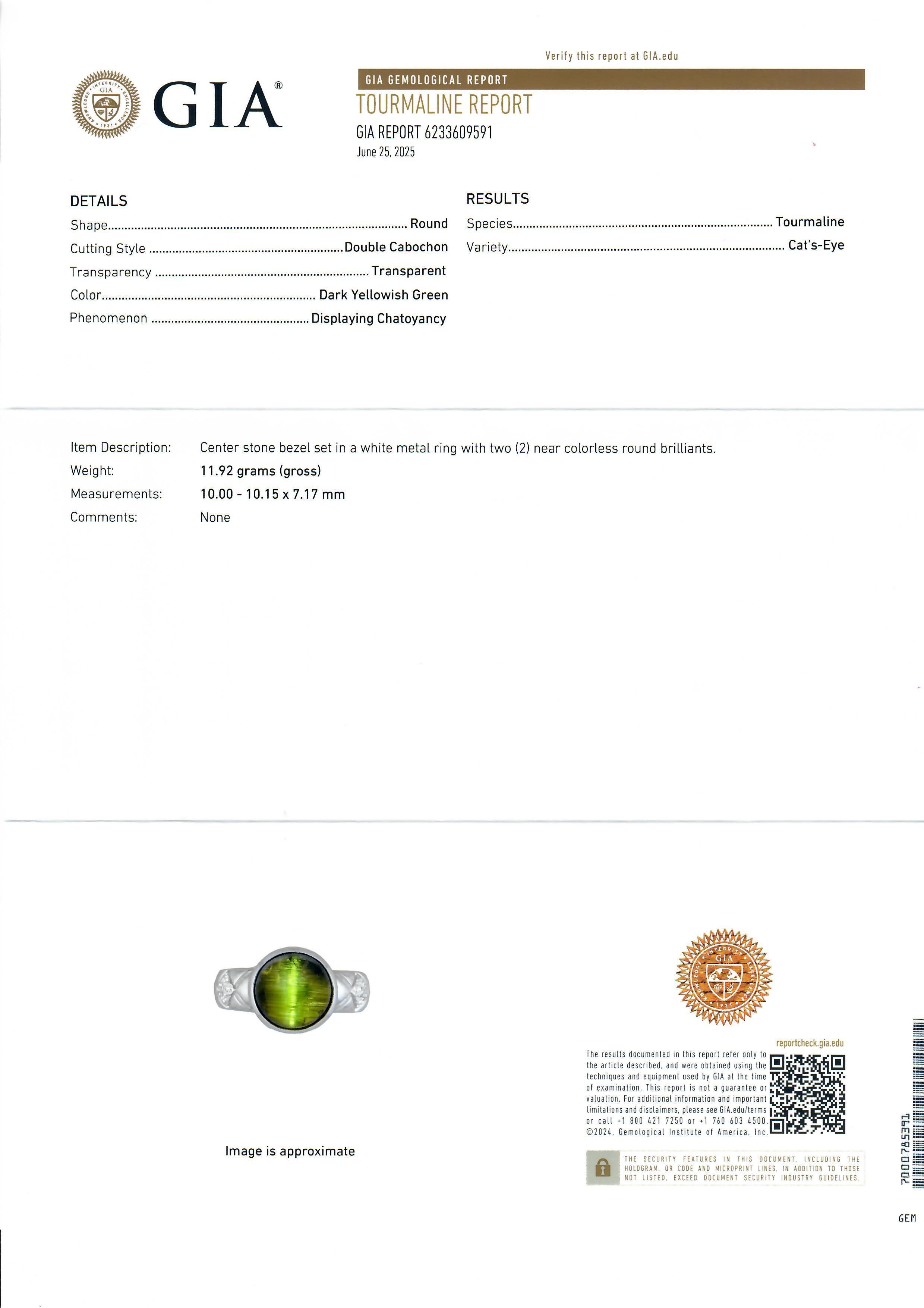 --Pierre(s) :...
(1) Oeil de chat véritable naturel - Tourmaline verte - taille double cabochon rond - serti en chaton - couleur vert jaunâtre foncé - 6.37ct (exact - estampillé)
** Voir les détails de la certification ci-dessous pour des