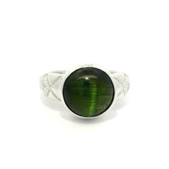 Anillo de Platino GIA 6,4 ct Bisel engastado Turmalina Verde Redonda Ojo de Gato con Diamantes en los Laterales