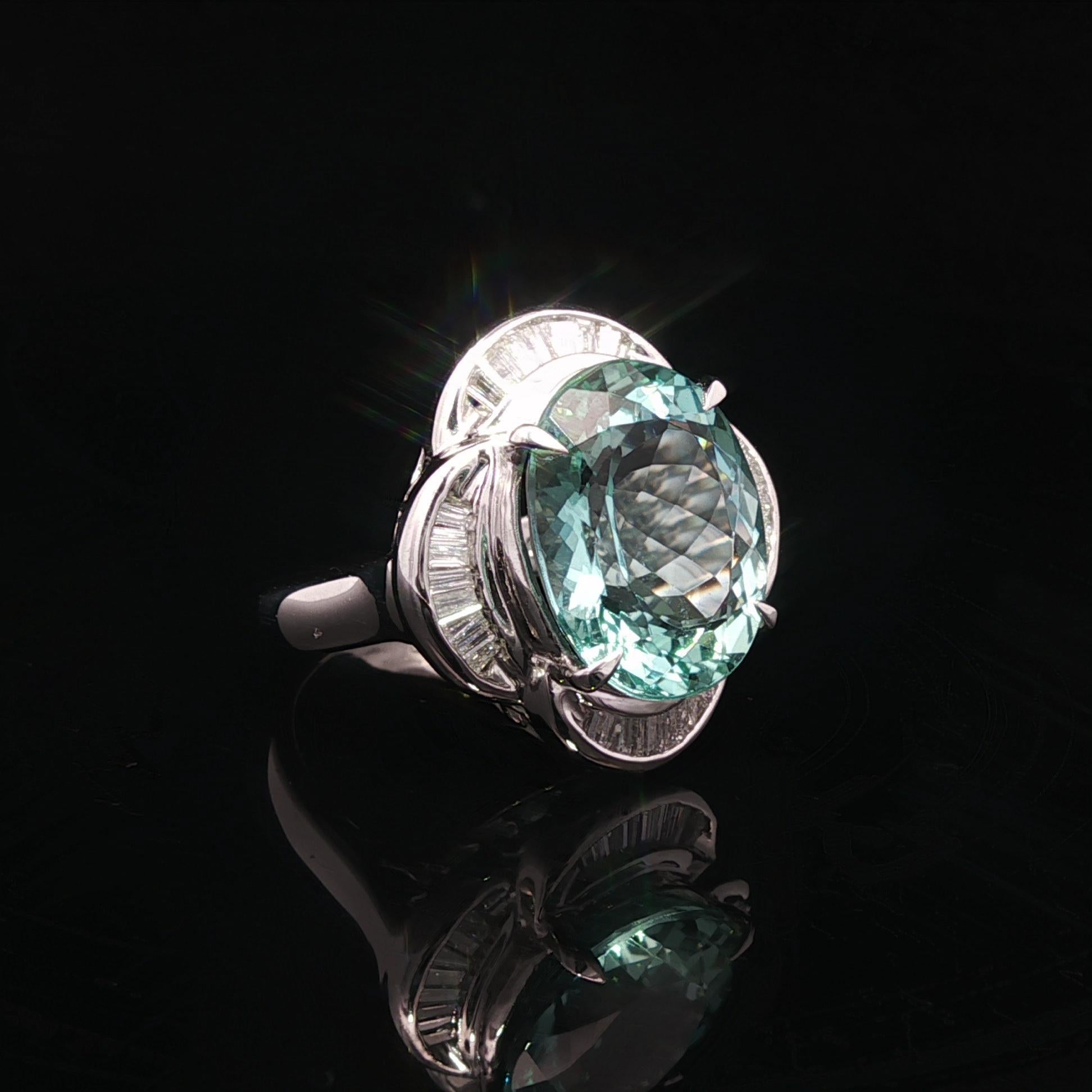 Platino GIA 6.52ctw Oval Aguamarina Azul Verdoso Baguette Anillo Flor Diamante en venta 9